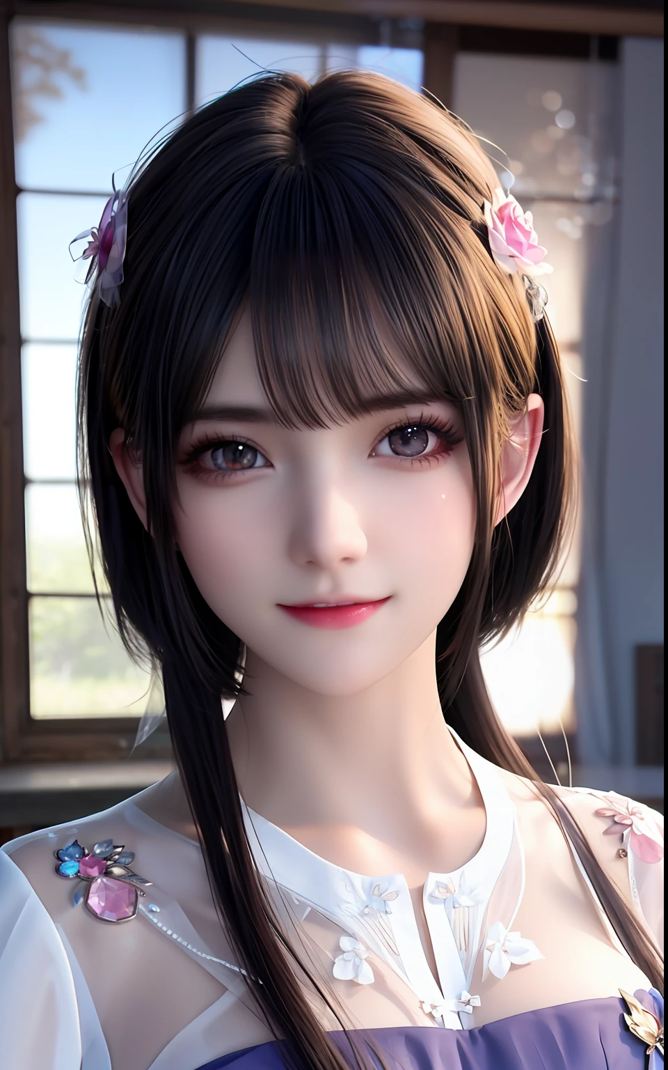 ulzzang -6500-v1.1, (Photorealsitic:1.4), animesque、anime styled、ssmile、portraitures、Beautiful, Moist pink eyes like crystal clear glass、Beautiful detailed woman, extremely detailed eye and face, Beautiful detailed eyes,  huge filesize, ultra-detailliert, hight resolution, ighly detailed, top-quality, ​masterpiece,  illustratio, ighly detailed, nffsw, unification, 8k wallpaper, splendid, finely detail, ​masterpiece, top-quality, Highly detailed ticker uniform 8K wallpaper, Light on the Face、电影灯光、19-year-old girl