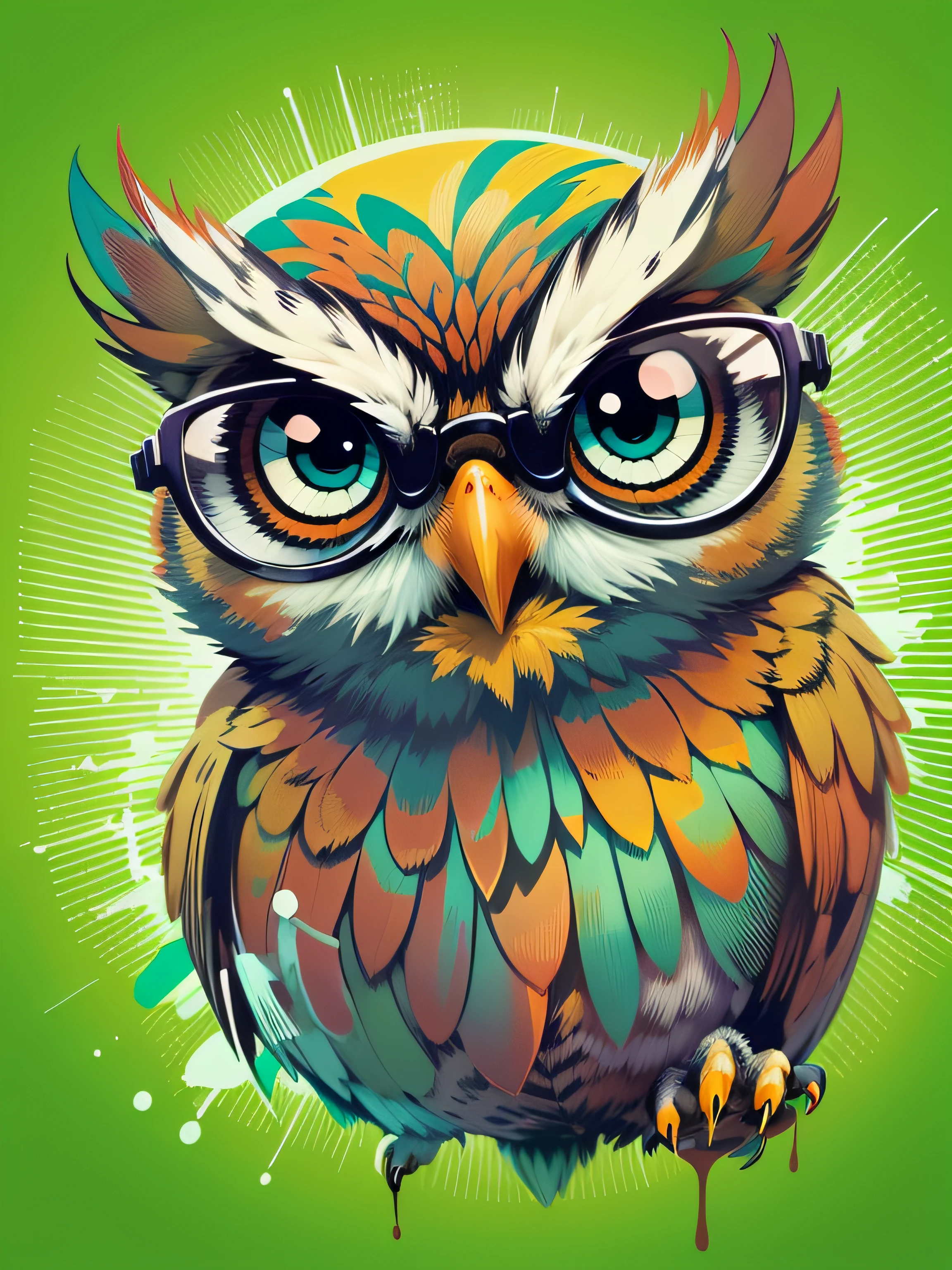 Vector, Print-ready colorful graffiti, Illustration of a cute and kind owl with glasses, action shot, high detail, whitebackground
