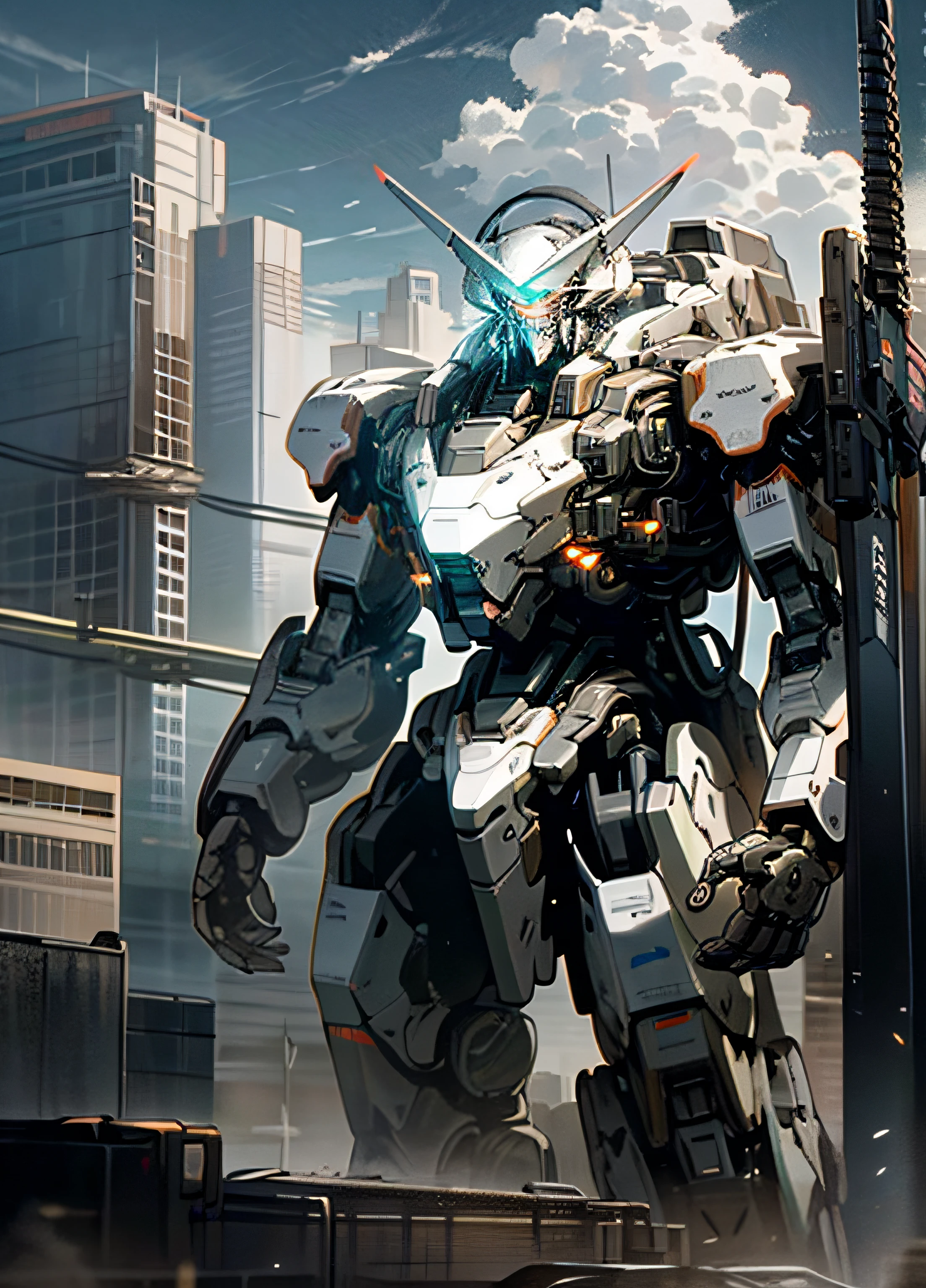 sky, cloud, holding_weapon, no_humans, glowing, , robot, building, glowing_eyes, mecha, science_fiction, city, realistic,mecha