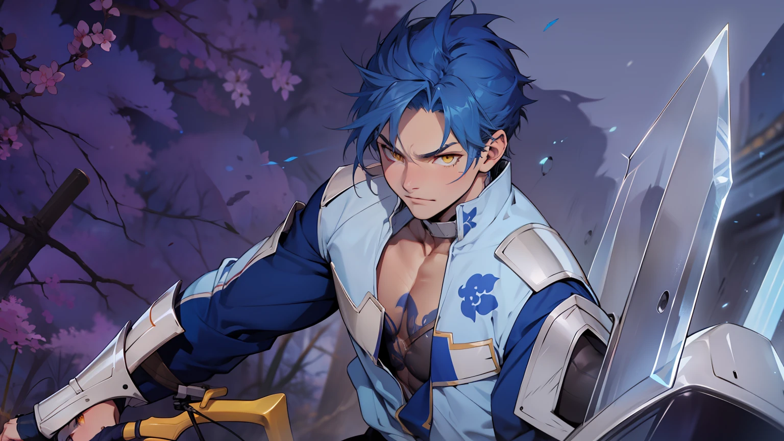 short pointed blue hair, like the ears of a beast,、musculature、Tsuriformes、yellow eyes、male people、Scar on left cheek、Light blue samurai armor、Light blue gauntlet、Transparent Bike
