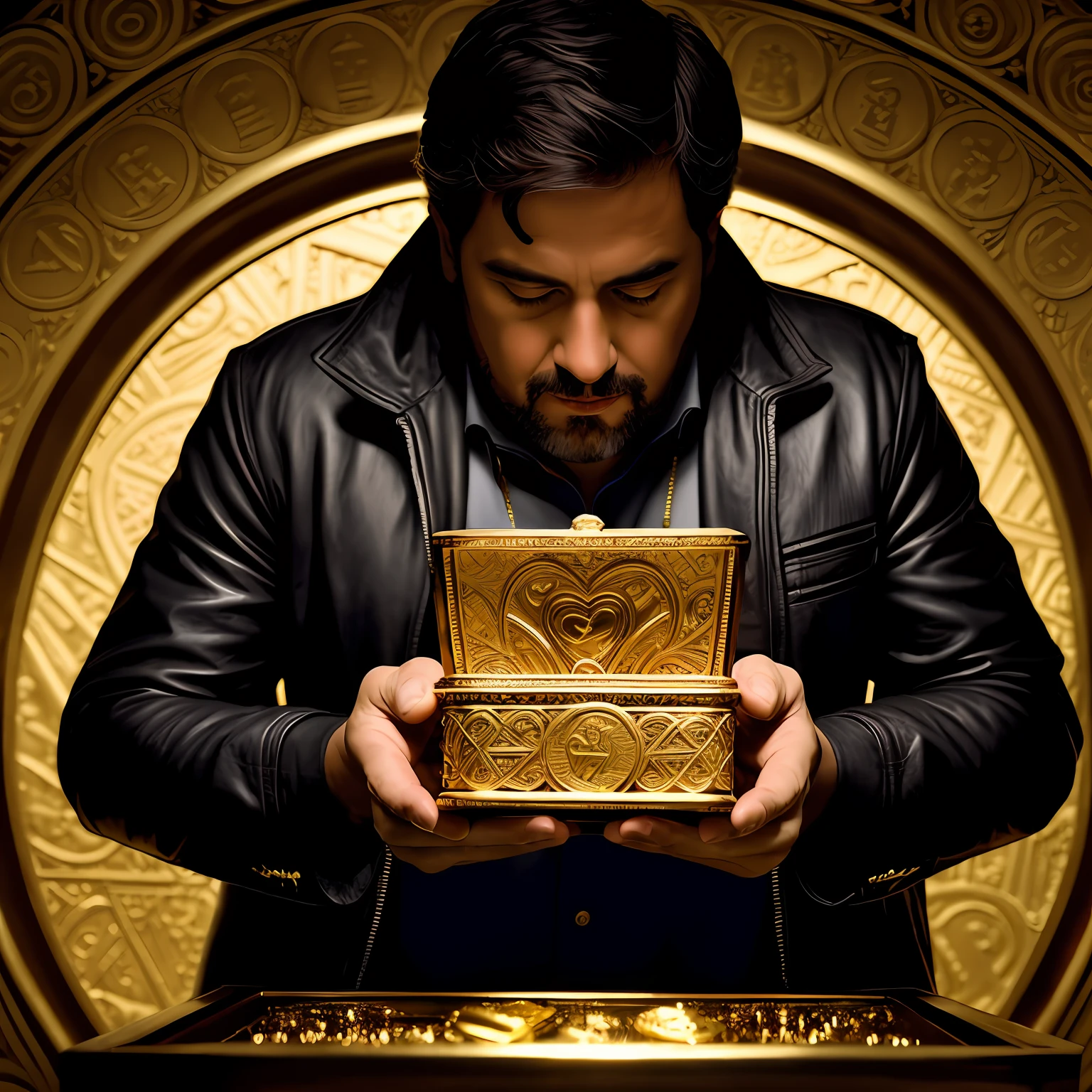 Um Prompt otimizado com base no texto fornecido em pt:
"Curious and with a racing heart, John comes across a mysterious figure holding an ancient gold chest with intricate designs and hidden meaning."