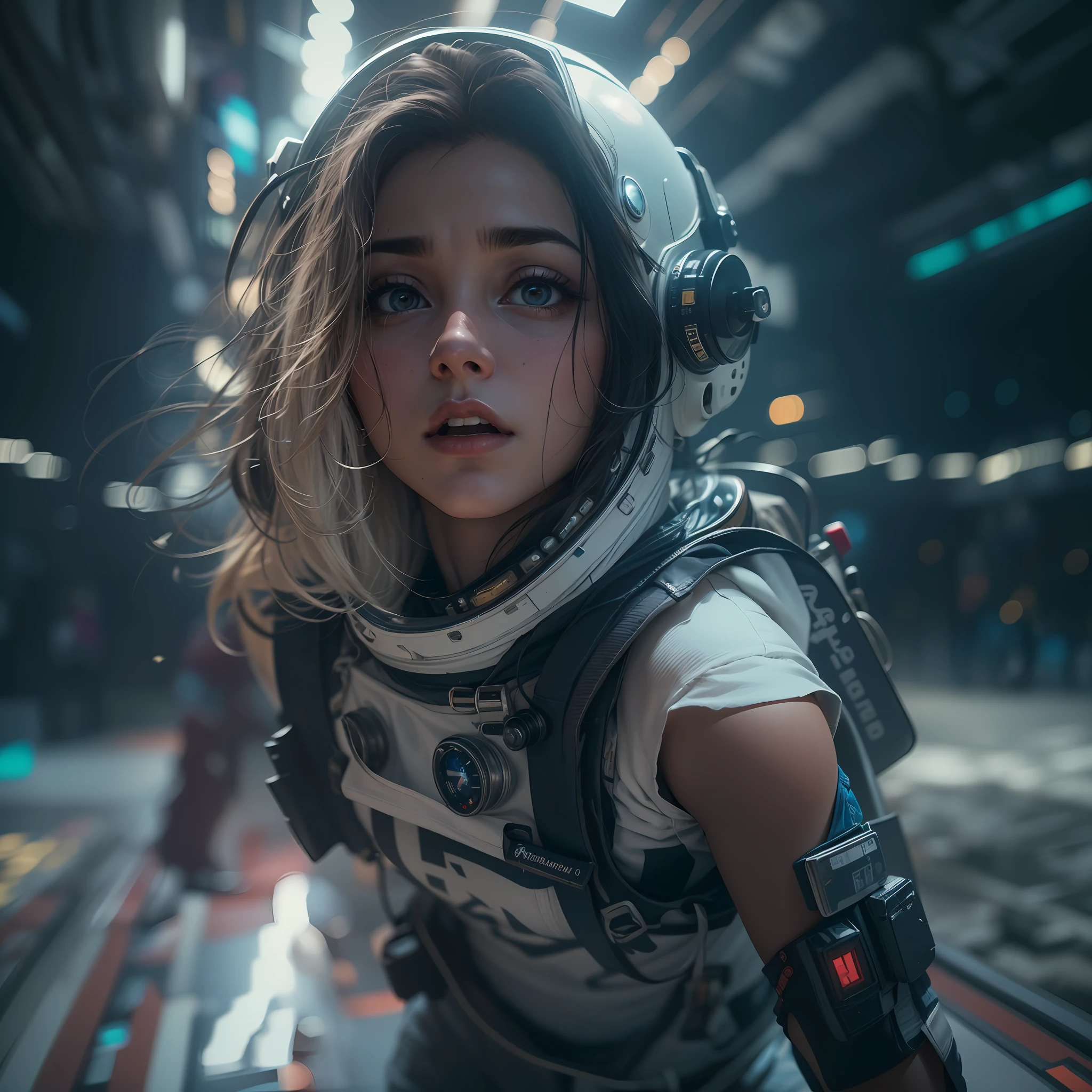 (RAW photo, 4k, masterpiece, high resolution, extremely intricate) (photorealistic:1.4), cinematic lighting, 1girl, solo focus, astronaut, mid body shot, cyberpunk, sexy