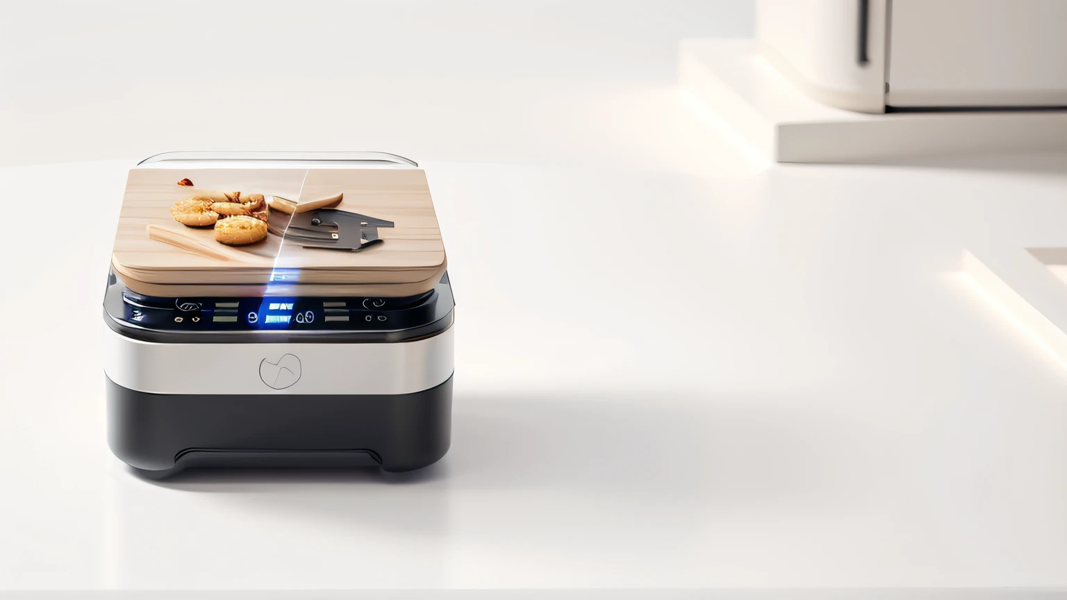 Air fryer placed on a marble table，Top-down view，Off-white style kitchen，（kitchens：1.5），Wooden cabinets , Chiaroscuro, hyper HD, 8K, Best picture quality  ,realisticlying，Foto realism，cupboard，Lens perspective blur，Bright lights，Realistic lighting