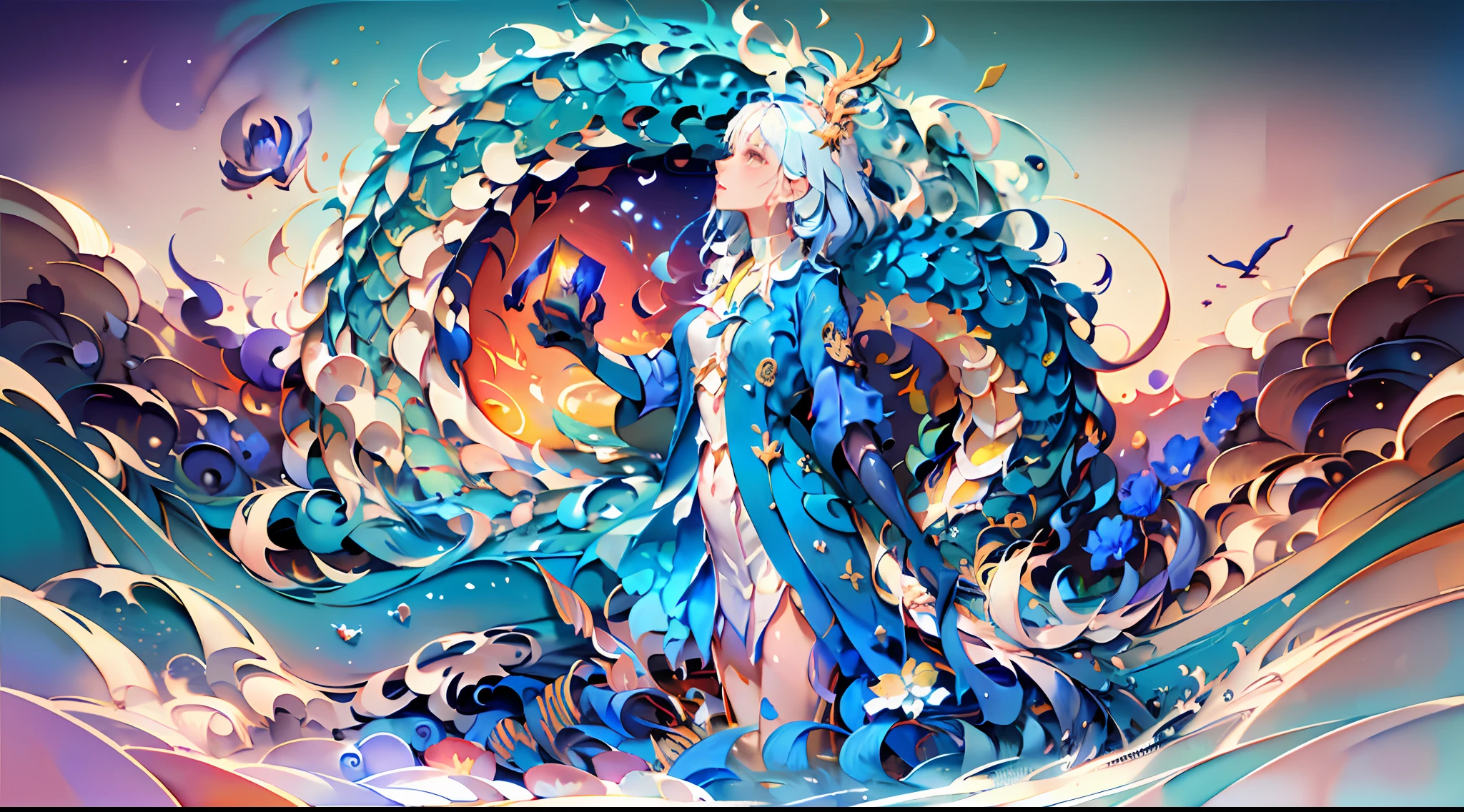 (masterpiece, top quality, best quality,1girl, long hair, (glowing:1.15), (team:1.1), (flowers:1.15), (monarch:1.05),Long coat,surrounded by huge Chinese dragons,dragon open mouse,1girl,solo,light_blue_hair,liquid hair, long hair,floating hair, standing,sundress, liquid clothes, water,waves, tsunami,tide,sea,water dress,fantasy, high contrast,explosions, over exposure, purple and red tone impression , abstract, ((watercolor painting by John Berkey and Jeremy Mann )) brush strokes, negative space,,