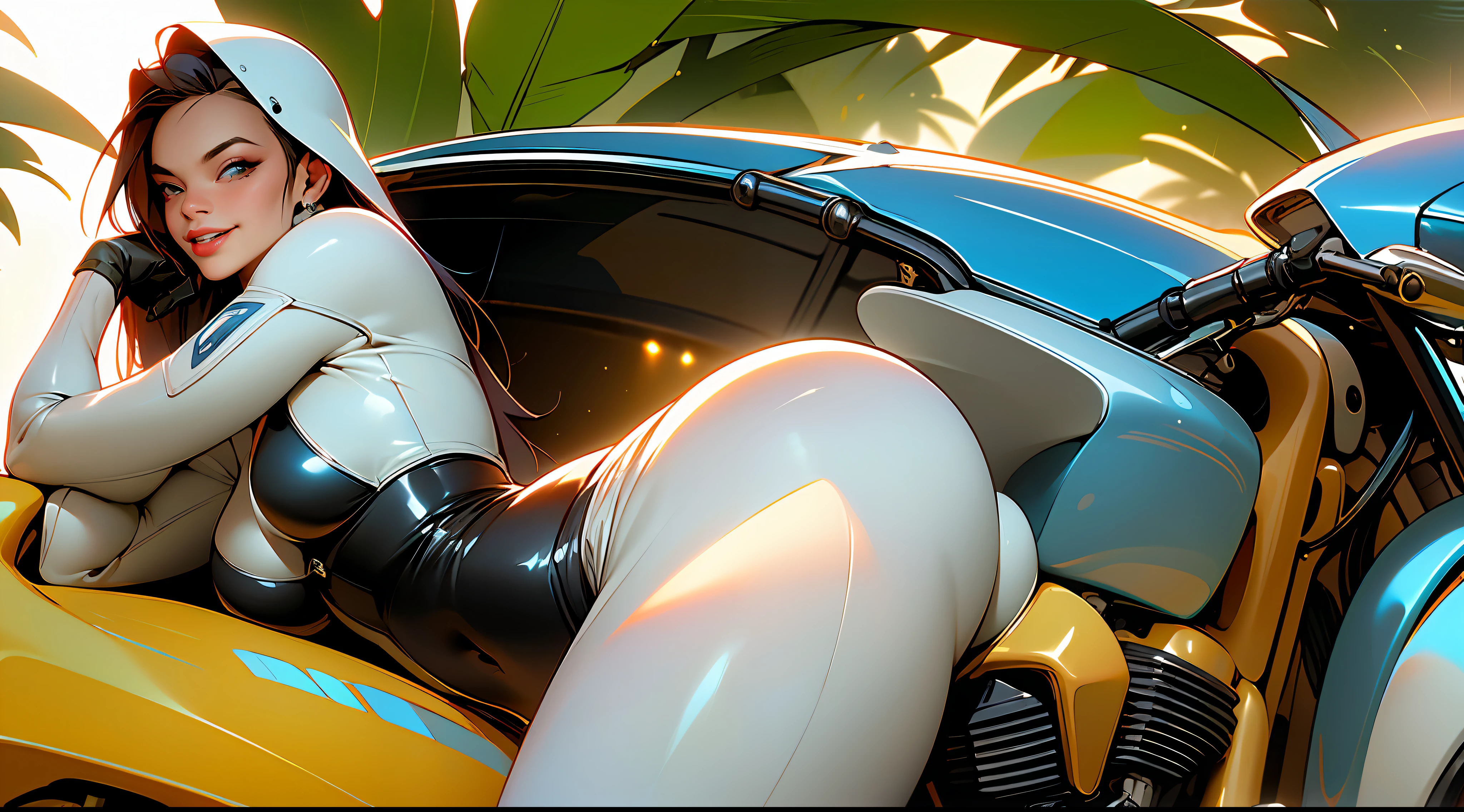 masterpiece, (masterpiece, top quality, best quality),1girl, solo, bodysuit, breasts, long hair, white background, smile, simple background, medium breasts, helmet, looking at viewer, skin tight, sitting, lips, blue bodysuit, motorcycle, black gloves, gloves