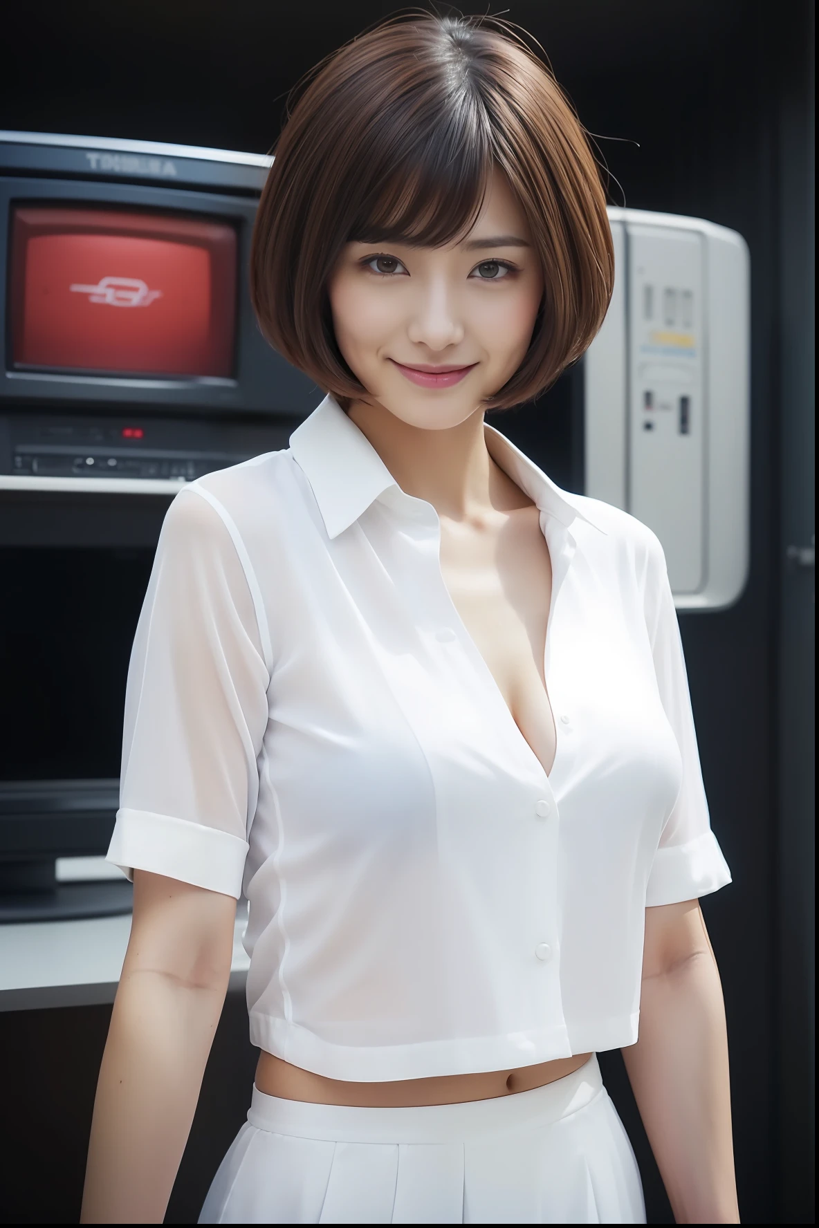 ((Female Announcer))、(((1人)))、Sexy and tight suit、Beautiful breasts、Sheer、((television station))、A slight smil、full bodyesbian、(((Open chest shirt))、a miniskirt、((A sexy))、((High exposure))、((Short-cut hairstyles)) 、Women in Japan、Photorealsitic、Beautiful detailed eyes、Hyper-Realism、Ultra HD、realistic skin textures、Top image quality、top-quality、超A high resolution