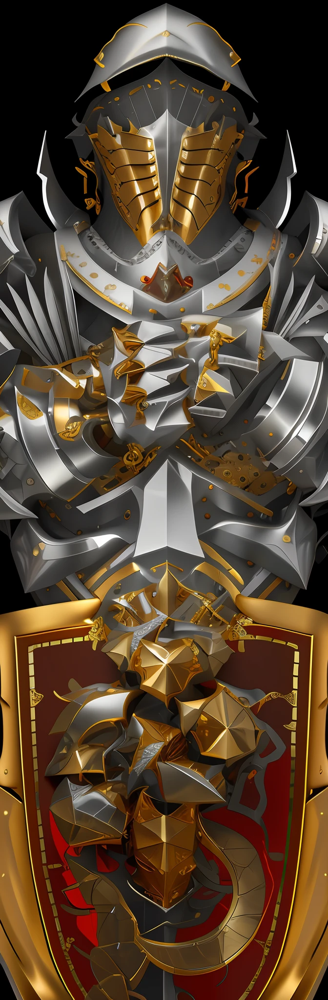 Close up of gold and silver shield on red background, silver and gold heavy armor, gold and steel intricate, silver gold fractal details, high detailed official artwork, extreme hight detail, huge detail, gold heavy armor. Dramatic, Intricate metal armor, Barbed metal armor, angular metal armor, 8k detail, 8 k detail, heavy white and golden armor