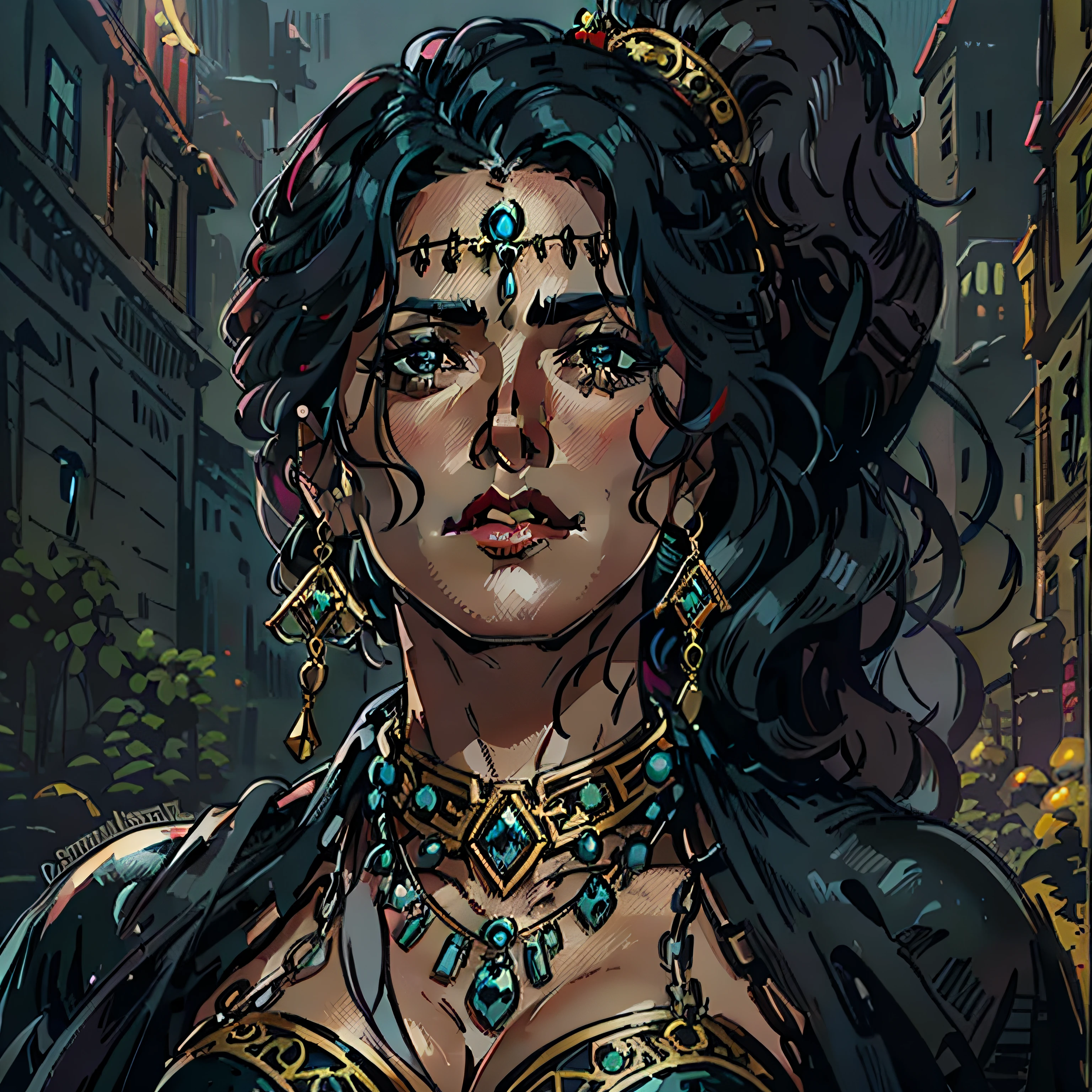 salma hayek look a like, lust sexy dancer, black clothes, rpg character, medieval fantasy, close up portrait, sexy, female, lot of jewlery