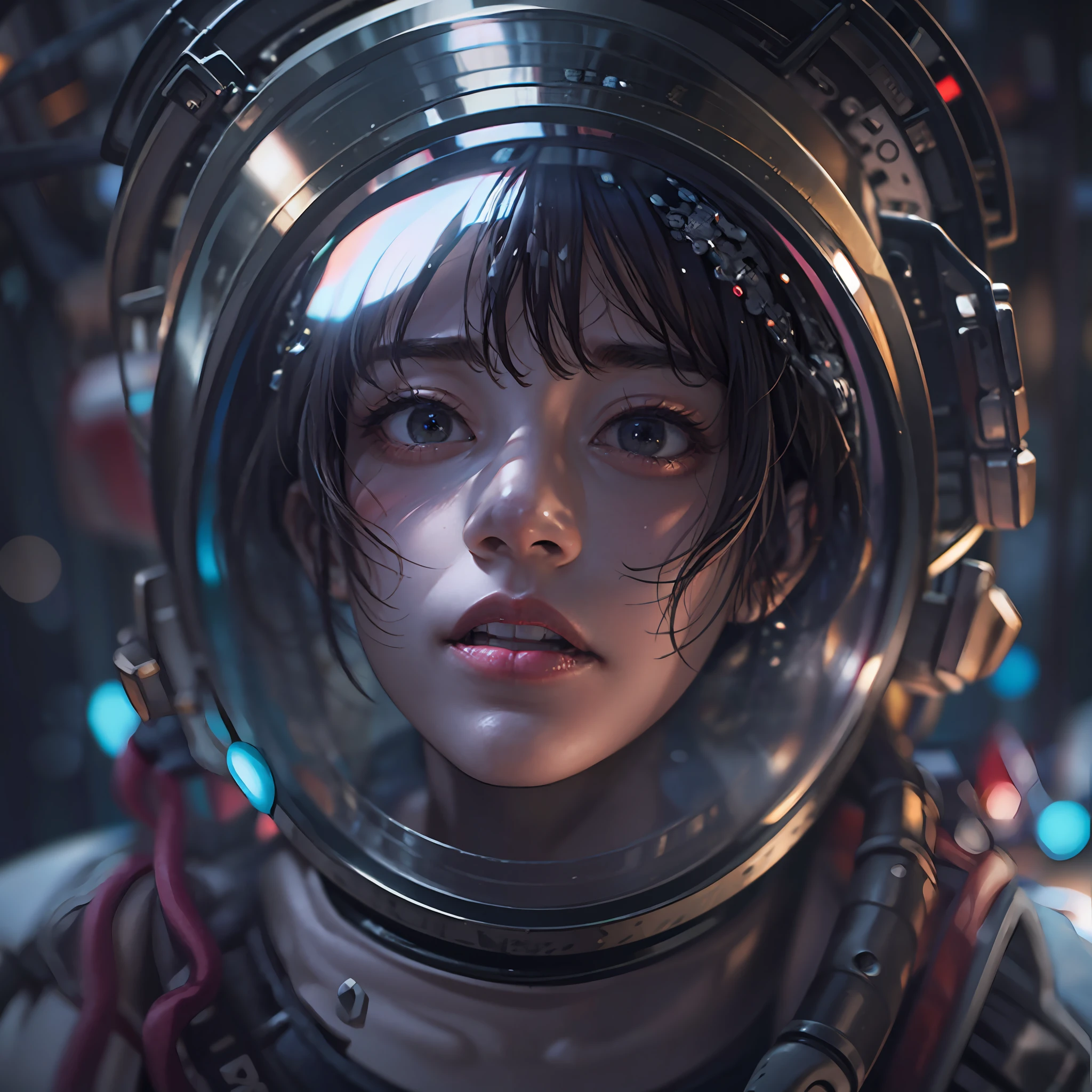 (RAW photo, 4k, masterpiece, high resolution, extremely intricate) (photorealistic:1.4), cinematic lighting, 1girl, solo focus, astronaut, cyberpunk, sexy, saika1