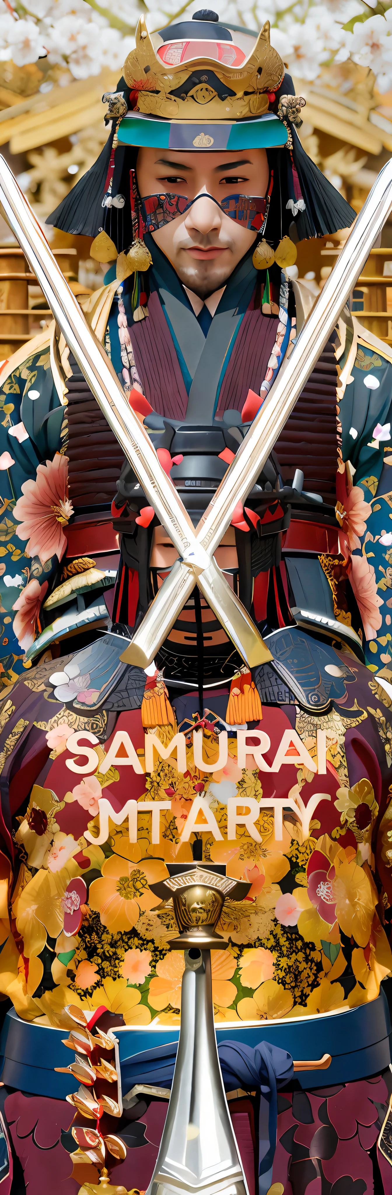 There is a large statue of a man holding two swords,Dressed in samurai costumes and armor,Small cherry blossoms fall around。