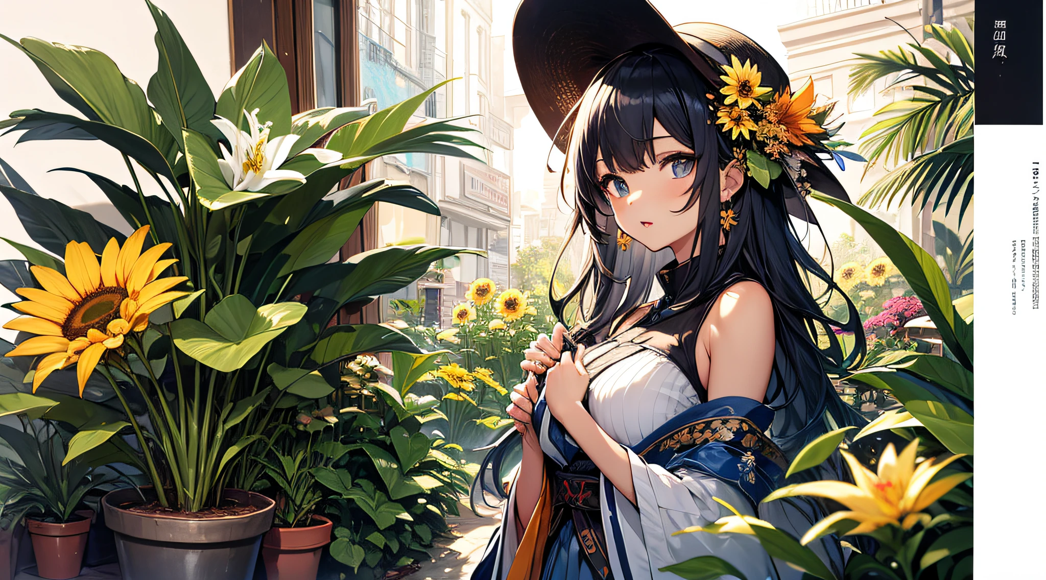 光线追踪,{top-quality}, {{masterpiece}}, {hight resolution}, original, Very detailed 8k wallpaper, {extremely delicate and beautiful},incredibly_absurdres,colourfull,intricate detailes,artbook,florals, 1girl in, Hats, a plant, straw_hat, fronds, lily_\(florals\), potted_plant, sleeveless, 独奏, looking_at_viewer, Sun flower, hat_flower, breastsout, bare_shoulders, bangss, medium_breasts, upper_body, parted_lips,White skirt, Full body like