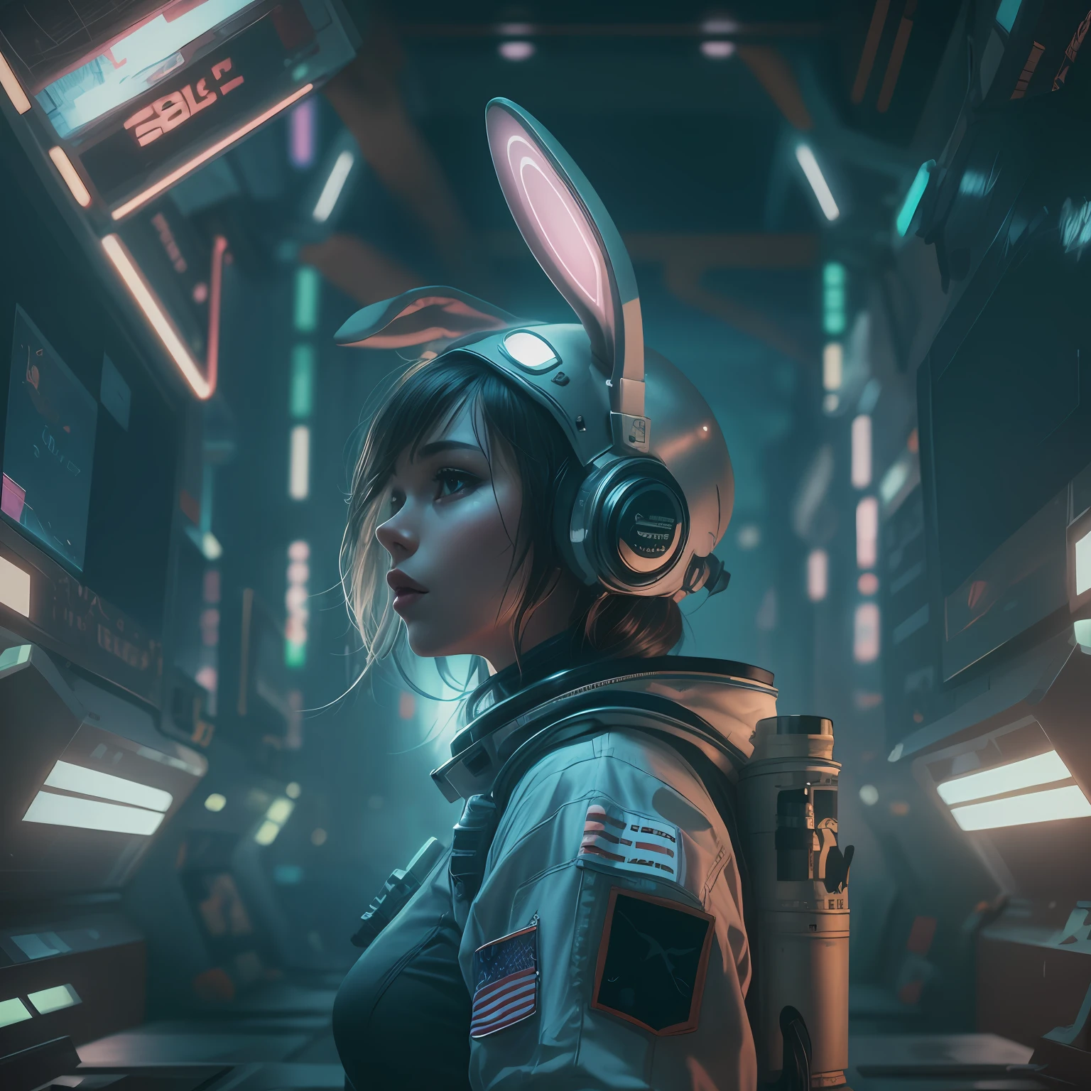 cinematic lighting, cyberpunk theme, astronaut, sexy, bunny ears