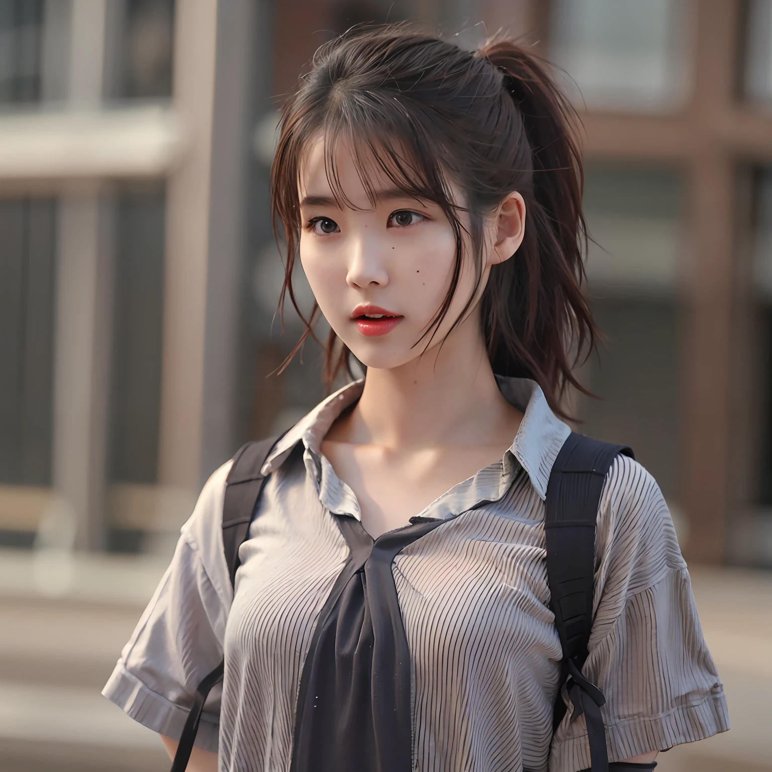 nikon RAW photo,8 k,Fujifilm XT3,photorealistic,realistic, solo, photorealistic, best quality, ultra high res, (skin spots:0.1) serious expression, , standing against a school at daylight, sexy schoolgirl suits, short, wet and tight shirt, skirt beautiful, masterpiece, best quality, extremely detailed face, perfect lighting, solo,1girl, sexy sight best quality, ultra high res, photorealistic, ultra detailed, masterpiece, best quality, iu1, nice butt and body figure