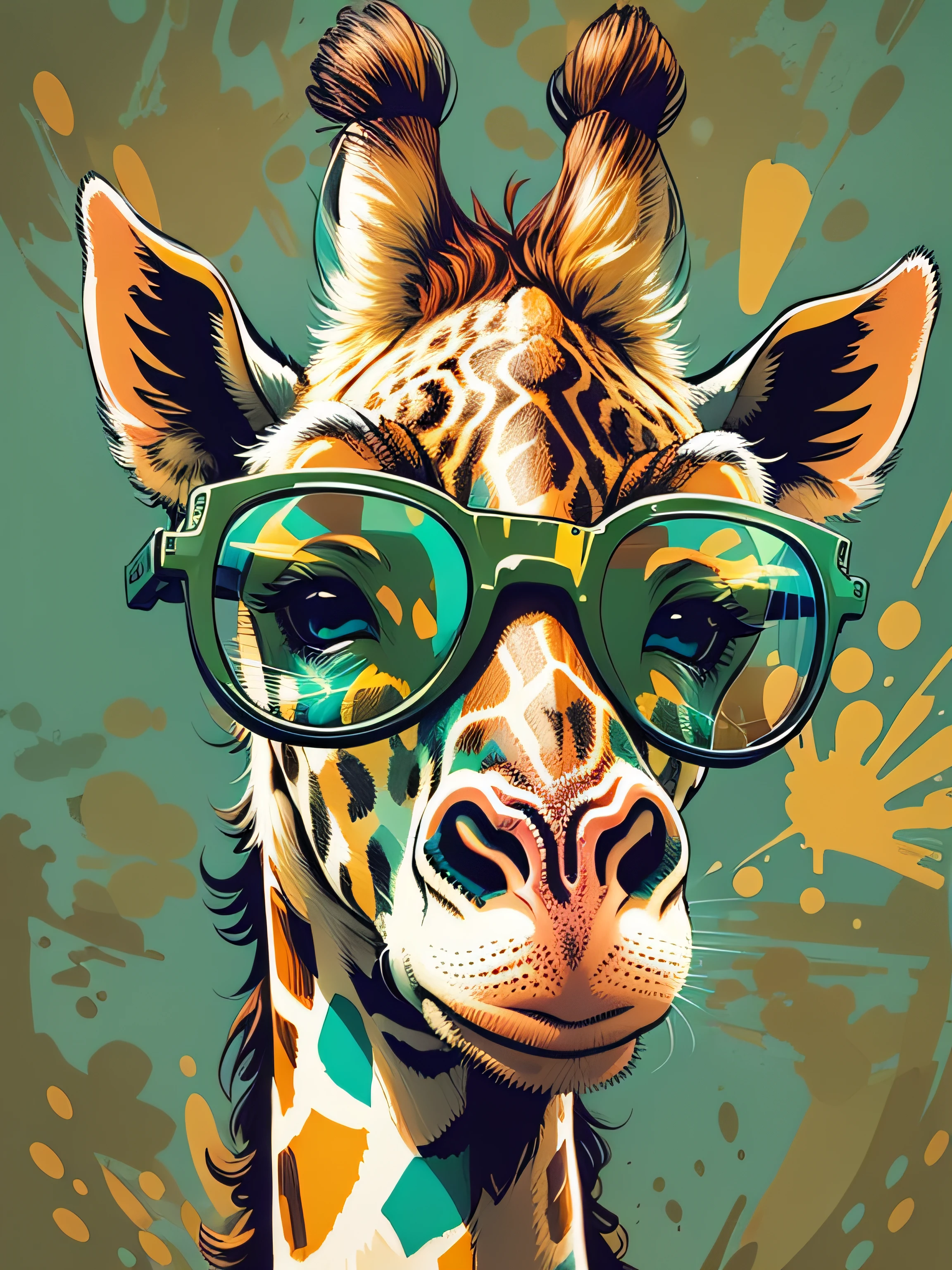 Vector, Print-ready colorful graffiti, Illustration of a cute and kind giraffe with glasses, action shot, high detail, whitebackground