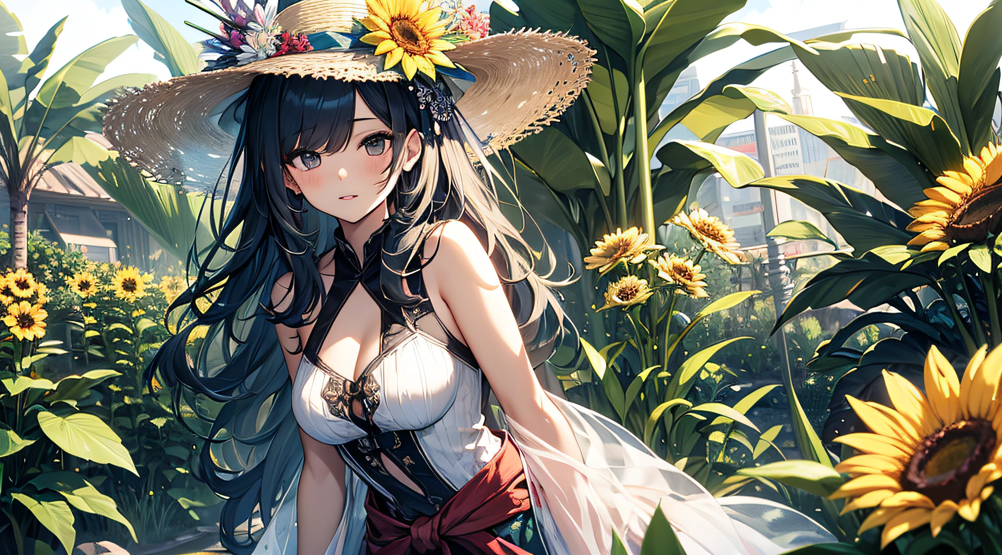 光线追踪,{top-quality}, {{masterpiece}}, {hight resolution}, original, Very detailed 8k wallpaper, {extremely delicate and beautiful},incredibly_absurdres,colourfull,intricate detailes,artbook,florals, 1girl in, Hats, a plant, straw_hat, fronds, lily_\(florals\), potted_plant, sleeveless, 独奏, looking_at_viewer, Sun flower, hat_flower, breastsout, bare_shoulders, bangss, medium_breasts, upper_body, parted_lips,White skirt, Full body like