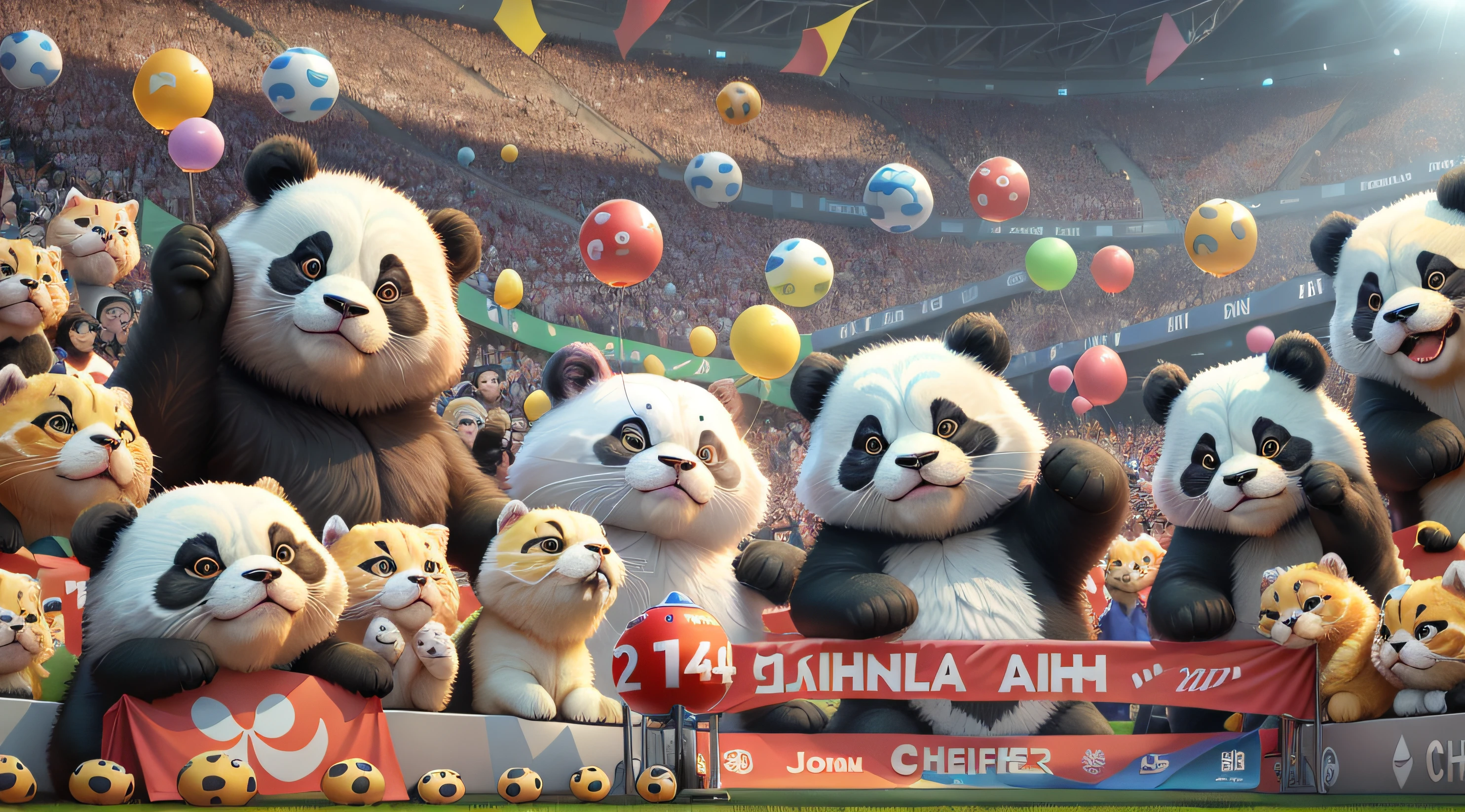 A scene,Chengdu's iconic stadium hosts an unprecedented event, Giant panda characters fly happily,The image of China's giant pandas cannot change,Doggy,Cats and various animals participate in the competition,Anthropomorphic expressions and actions,Chengdu Universiade,Cheer for the critters,The scene is lively,Motivating,The background is crowded,Games theme,The picture is high-definition and fine,64k, still from live action movie, frame from pixar movie, From the movie, Chipdale, official render, still from pixar movie, animated movie still, screenshots from movies