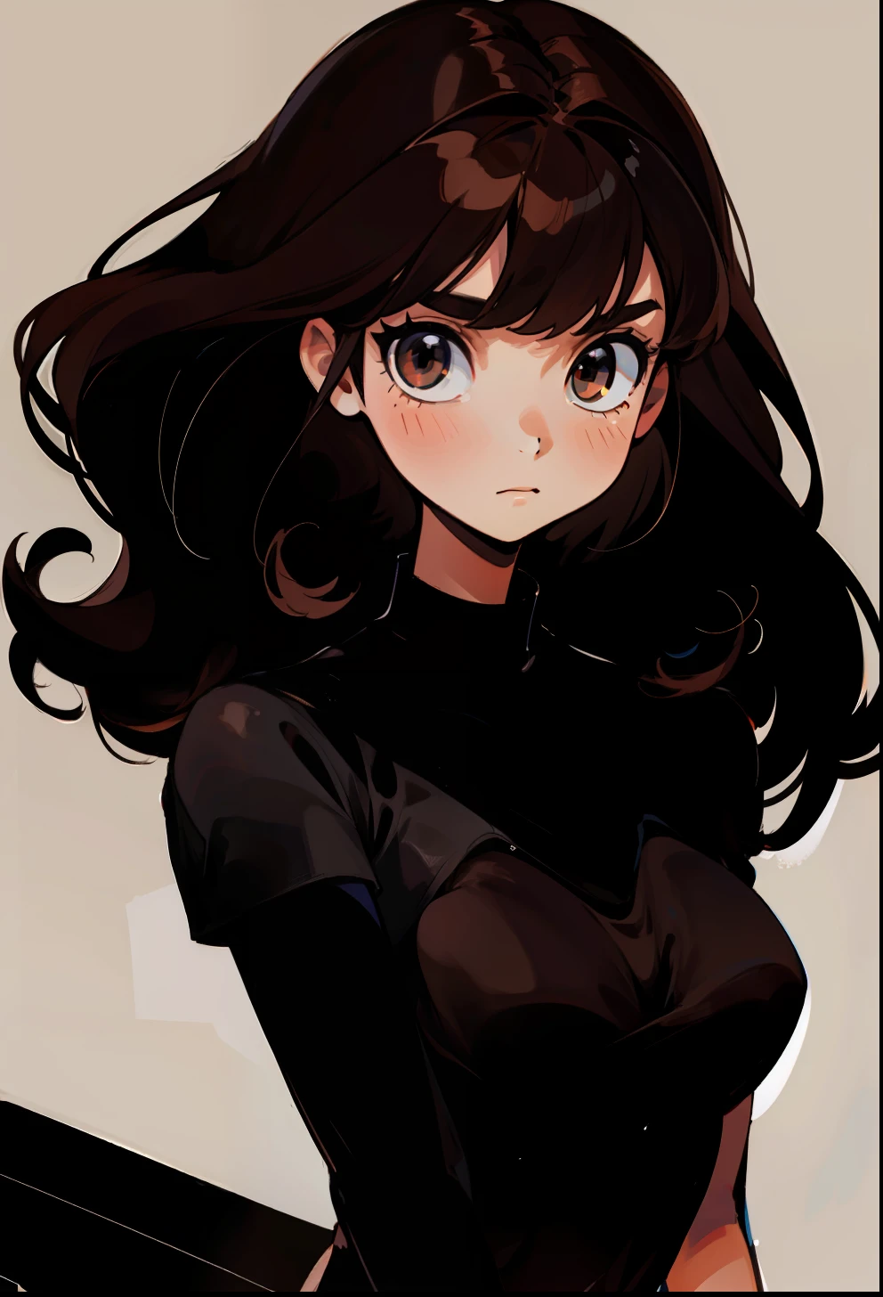 Long brown hair and a black top, 1Girl,
