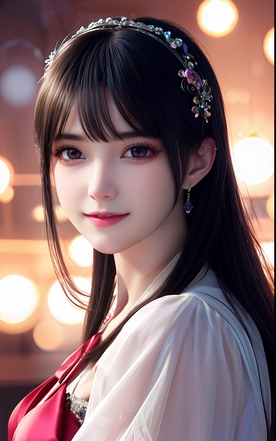 ulzzang -6500-v1.1, (Photorealsitic:1.4), animesque、anime styled、ssmile、portraitures、Beautiful, Moist pink eyes like crystal clear glass、Beautiful detailed woman, extremely detailed eye and face, Beautiful detailed eyes, huge filesize, ultra-detailliert, hight resolution, ighly detailed, top-quality, masterpiece, illustratio, ighly detailed, nffsw, unification, 8k wallpaper, splendid, finely detail, masterpiece, top-quality, Highly detailed ticker uniform 8K wallpaper, Light on the Face、电影灯光、19-year-old girl