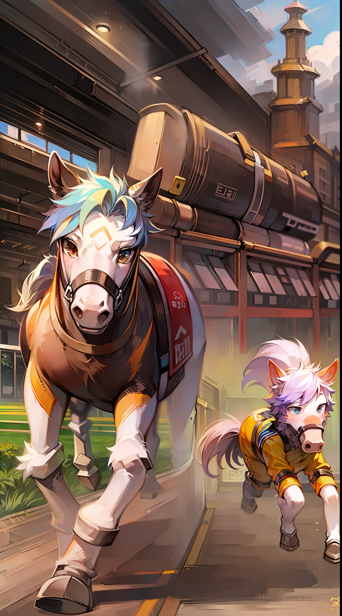 2boy,furry,horse riding,cute,(racing),Cinematic lighting effects,detail-rich,Masterpiece,hand painted style,2D,Sense of speed,horse racing field,