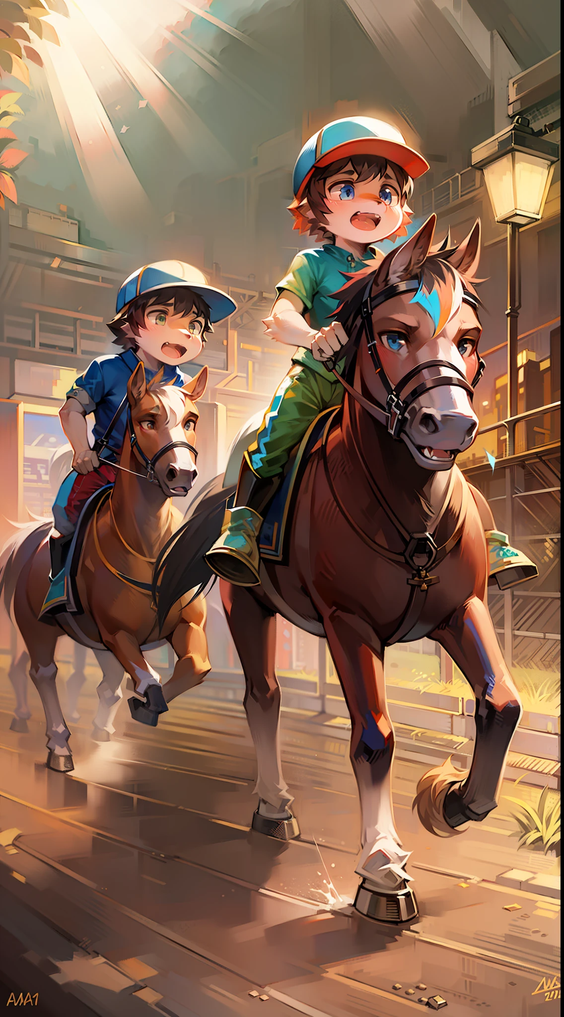 2boy,furry,horse riding,cute,(racing),Cinematic lighting effects,detail-rich,Masterpiece,hand painted style,2D,Sense of speed,horse racing field,