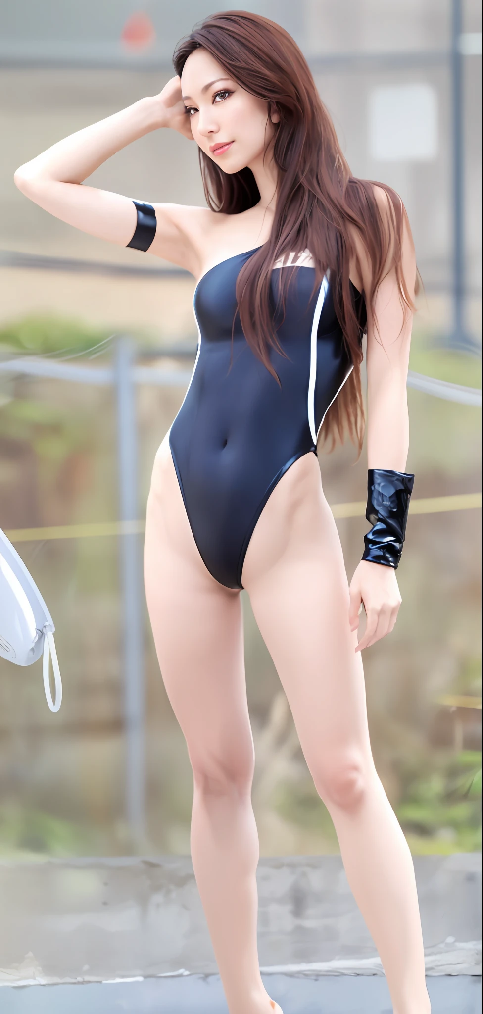 Dressed, (photographrealistic:1.4), (Hyper realistic:1.4), (Realistic:1.3), (Smoother lighting:1.05), (increase cinematic lighting quality:0.9), 32K, 1girl in,35 year old, japanes, Realistic lighting, Backlighting, Light on Face, raytrace, (Brightening light:1.2), (Increase quality:1.4), (Top quality real texture skins:1.4), finely detailed eyes, finerly detailed face, Fine quality eyes, (tired and sleepy and satisfied:0.0), close up of face, (Increase body line mood:1.1), (Increase the beauty of skin texture:1.1), Black Latex Micro Bikini, G-string bikini, Body Fitting Bikini, (Shiny skin:1.2), (muscle arm:1.0), (muscle leg:1.0), Concrete walls, full body Esbian, (thin waist:1.0),(Spread legs:1),light eyebrow,Backward Facing and Looking Back Pose、Butt sticking out pose、