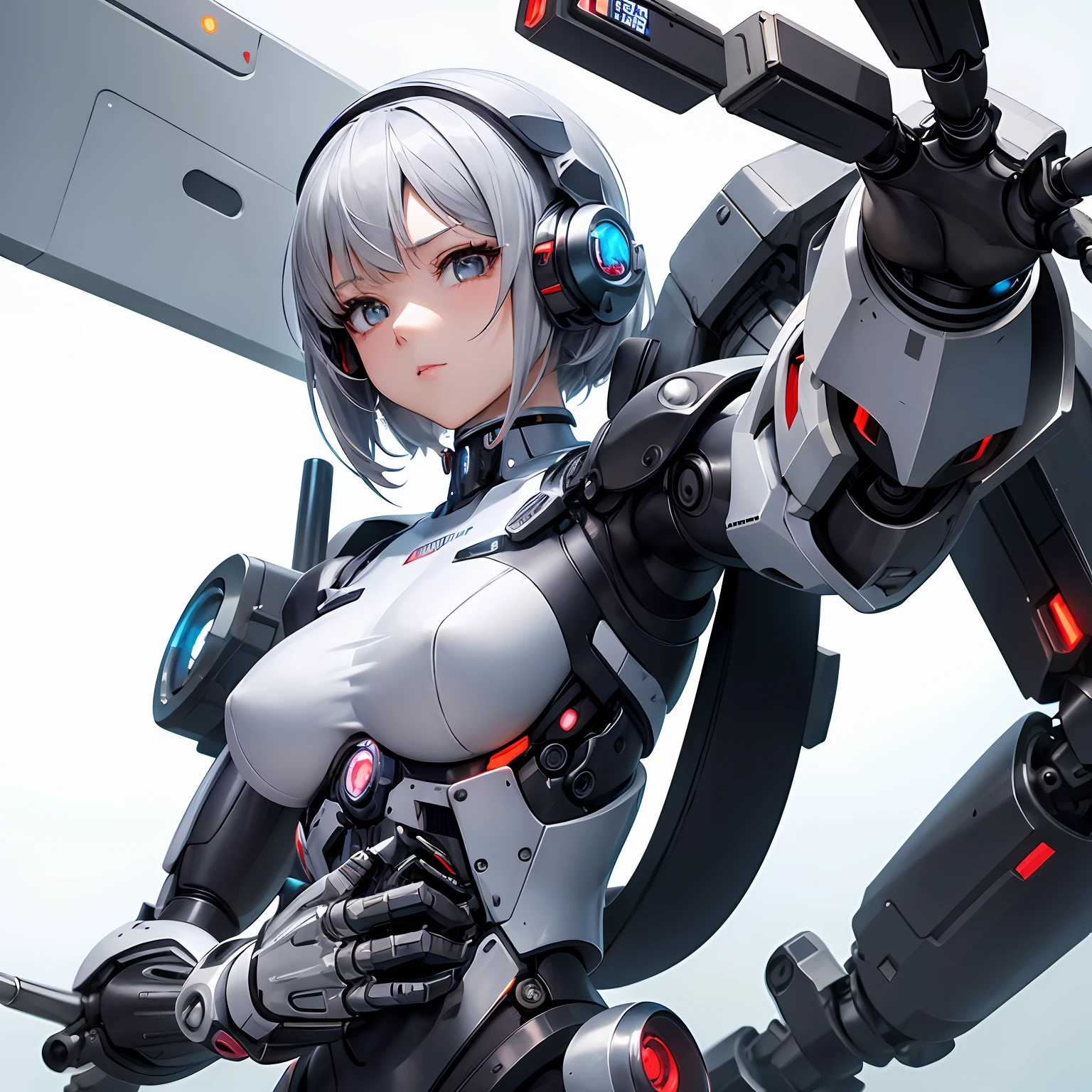 (White background)、Anime girl with robot arm and computer, biomechanical oppai, Cyberpunk anime girl mecha, Cyborg girl, fully robotic!! girl, Cyborg - Girl, Beautiful girl cyborg, Perfect Anime Cyborg Woman, Cute cyborg girl, Robot Girl, cyborg - girl with silver hair, perfect android girl, Digital Cyberpunk Anime Art、reaching out her hands!