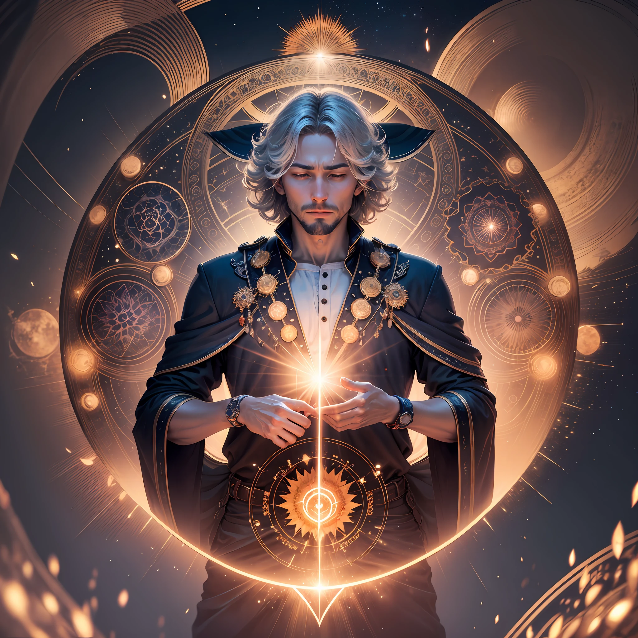 full shot, detailed a man descending from the sky, shining bright as the sun, unlocking the chakras represented in a circle around him, ultra high detail, clear foucs --auto --s2