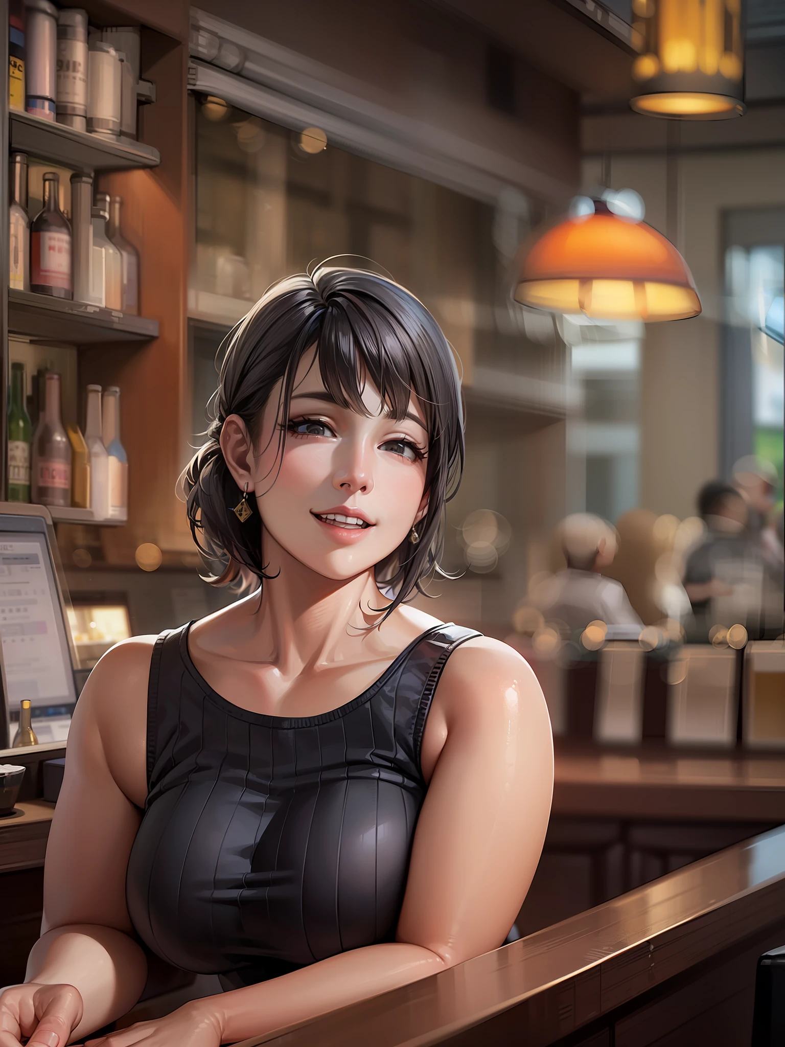 A 40-year-old woman、Sitting at the bar counter,Being in a beer pub、ultra gigantic tits、Huge Huge Huge Bust、nursing、adult lady、amorous、smil、Drinking beer、🍺、