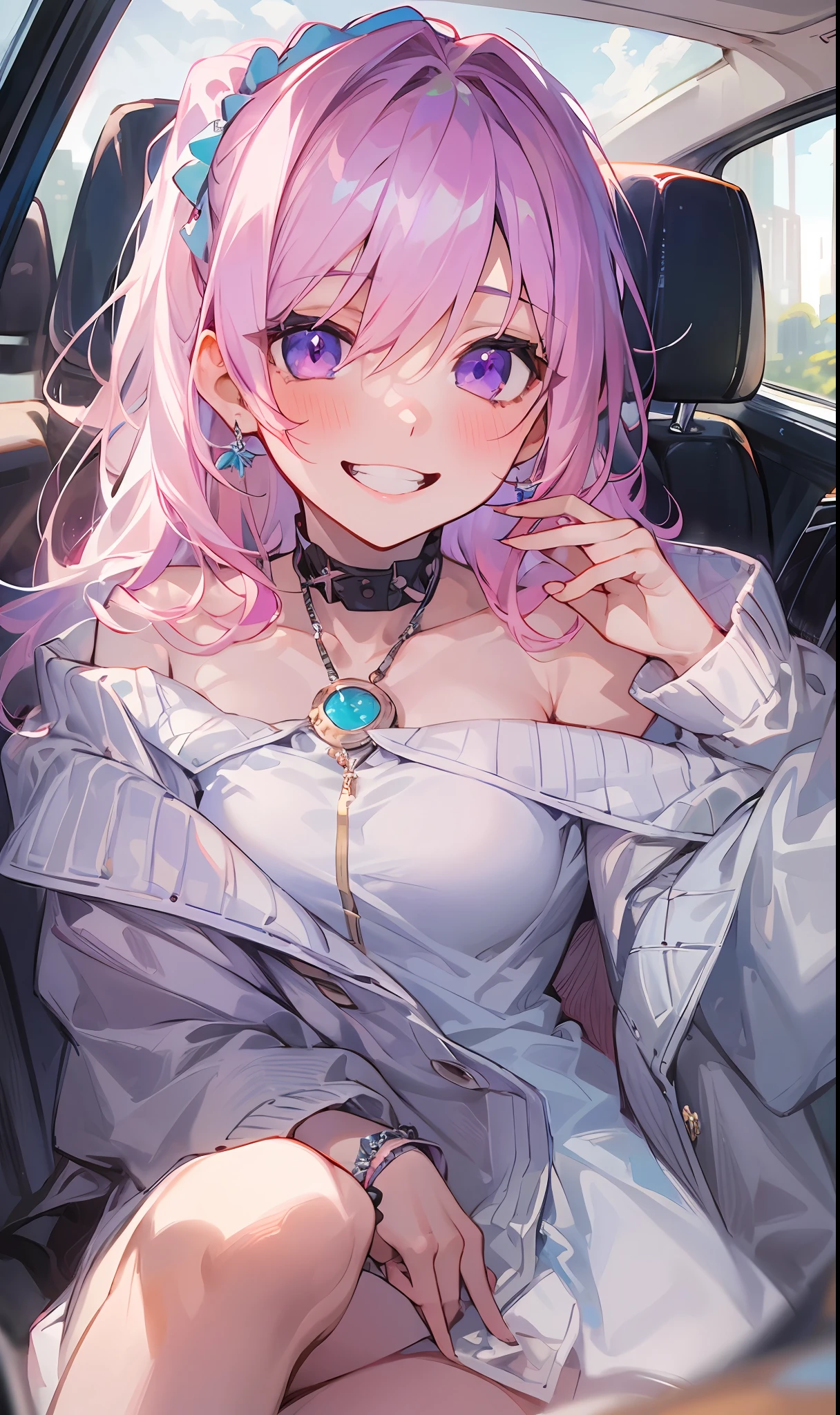 (masterpiece, best quality),1girl sitting in a car ,1girl, jewelry, smile, looking at viewer, car interior, solo,pink hair, purple eyes, steering wheel, blush, long hair, white shirt, off shoulder, black jacket, hair between eyes, long sleeves, , wrist scrunchie,