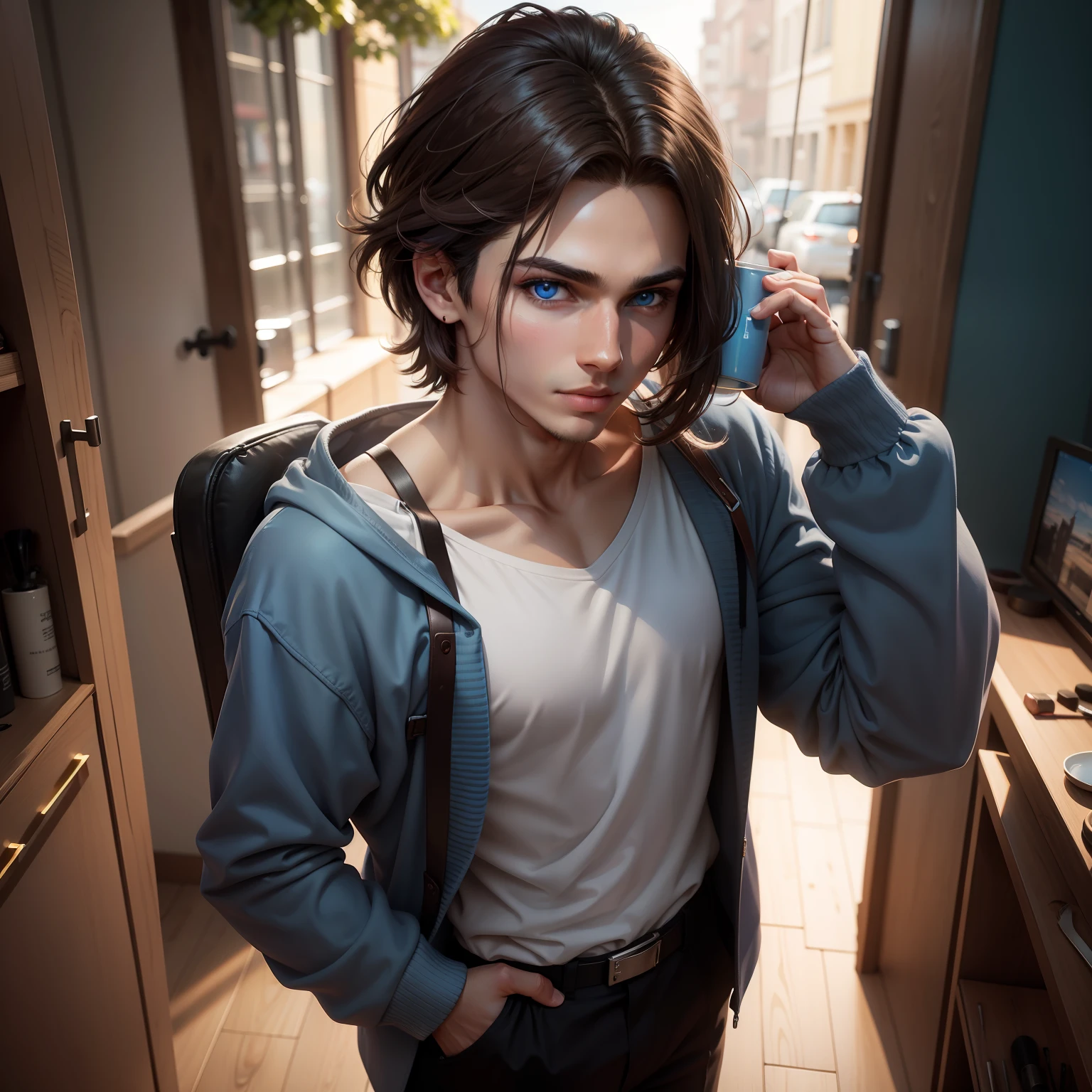 (( )), ashva, wearing an outfit, male people, tmasterpiece, ((perfect eyes)) best qualtiy, (semi - realism:1.9), beautiful light up, (Very detailed CG Unity 4k FHD wallpaper), realisticlying, high detal, Sharp focus, Dramatic outdoors, 1boys,19 years old, with short brown hair, eBlue eyes, ssmile, putting makeup on, parted lip, full bodyesbian, trouser, standing on your feet, wearing shirt, Holding a mug, Bright blue background