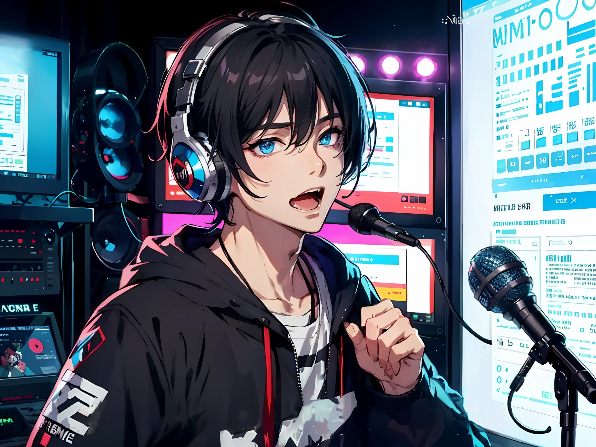 Anime boy talking into microphone with headphones, anime moe art style, ig studios anime style, nightcore, style of anime4 K, High Quality Anime Art Style, Anime boy, young anime man, Tall anime guy with blue eyes, anime art style, Digital anime illustration, Anime style. 8K, in an anime style, male anime character, Male anime style