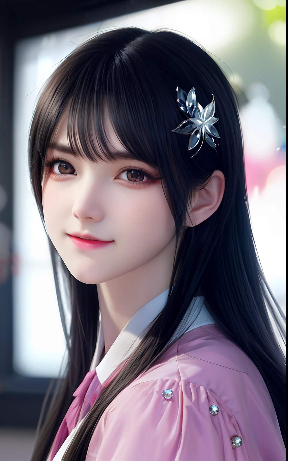 ulzzang -6500-v1.1, (Photorealsitic:1.4), animesque、anime styled、ssmile、portraitures、Beautiful, Moist pink eyes like crystal clear glass、Beautiful detailed woman, extremely detailed eye and face, Beautiful detailed eyes,  huge filesize, ultra-detailliert, hight resolution, ighly detailed, top-quality, ​masterpiece,  illustratio, ighly detailed, nffsw, unification, 8k wallpaper, splendid, finely detail, ​masterpiece, top-quality, Highly detailed ticker uniform 8K wallpaper, Light on the Face、电影灯光、19-year-old girl