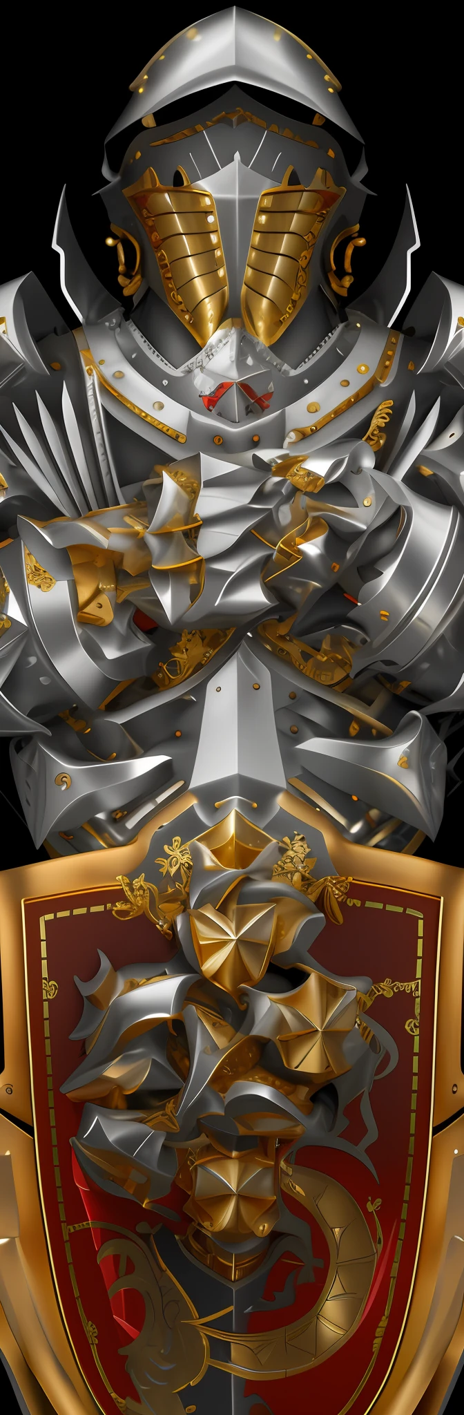 Close up of gold and silver shield on red background, silver and gold heavy armor, gold and steel intricate, silver gold fractal details, high detailed official artwork, extreme hight detail, huge detail, gold heavy armor. Dramatic, Intricate metal armor, Barbed metal armor, angular metal armor, 8k detail, 8 k detail, heavy white and golden armor