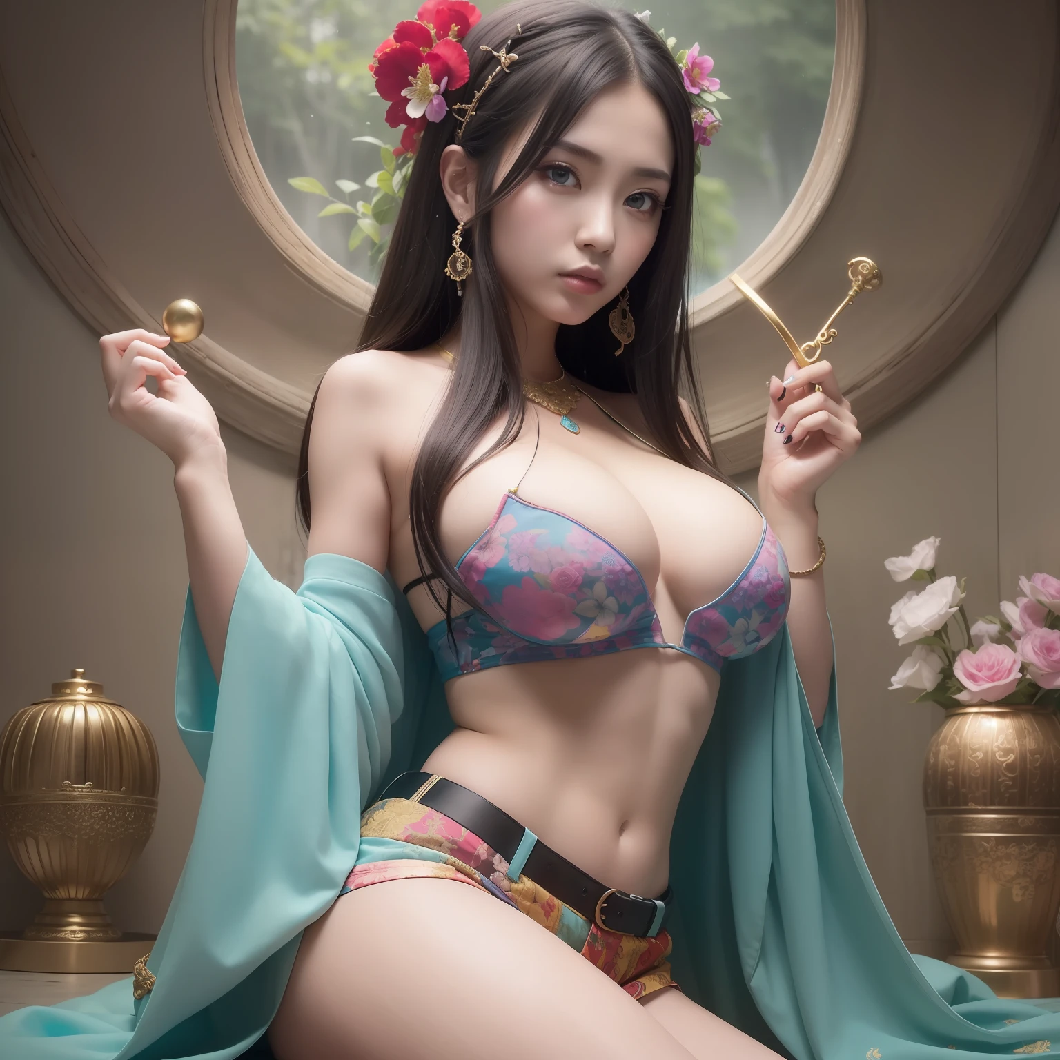 masterpiece, best quality, 1girl, aqua eyes, black hair, closed mouth, multicolored background, looking at viewer, outdoors, solo, upper body, alluring, clean, beautiful face, pure face, pale skin, sexy pose,((tube top, off shoulder, navel, shorts)), long hair, ((perfect female figure)), mature female, milf, narrow waist, chinese deity, seductive, highly detailed,best quality, masterpiece, highres, original, extremely detailed 8K wallpaper,masterpiece, best quality, illustration, beautifully detailed eyes, cinematic lighting,