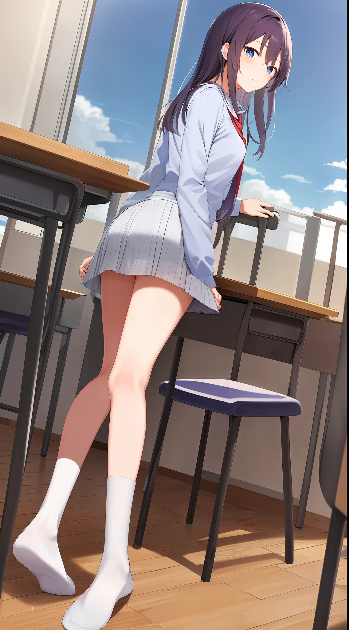 High school girls,tmasterpiece,8K分辨率,Stools sit in the classroom,Write,Sky blue long hair,slender leg