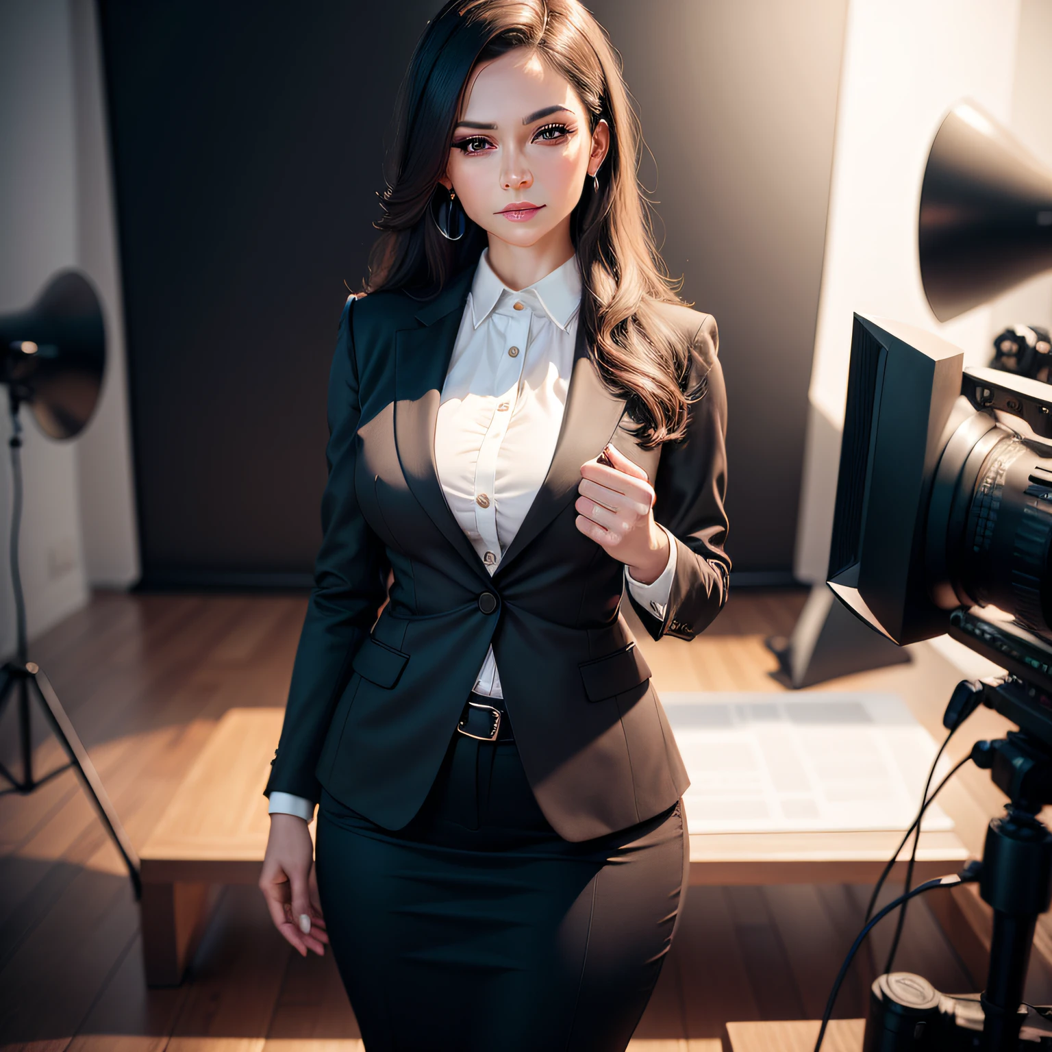A woman in business clothes poses for a photo in a studio setting with a neutral background and a neutral background, arte digital ultra realista, um retrato de personagem, fotorrealismo