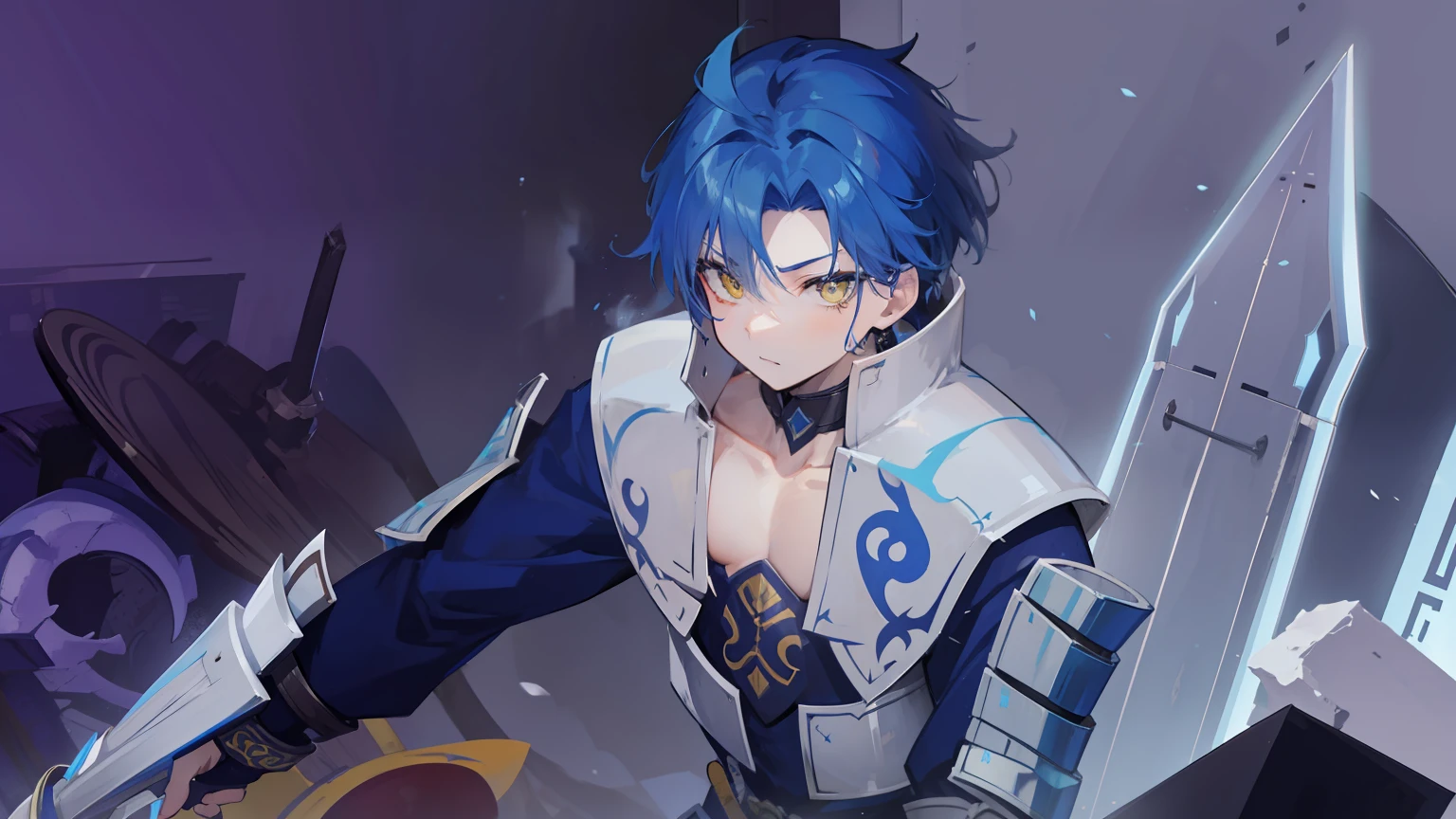 short pointed blue hair, like the ears of a beast,、musculature、Tsuriformes、yellow eyes、male people、Scar on left cheek、Light blue samurai armor、Light blue gauntlet、beautiful countenance