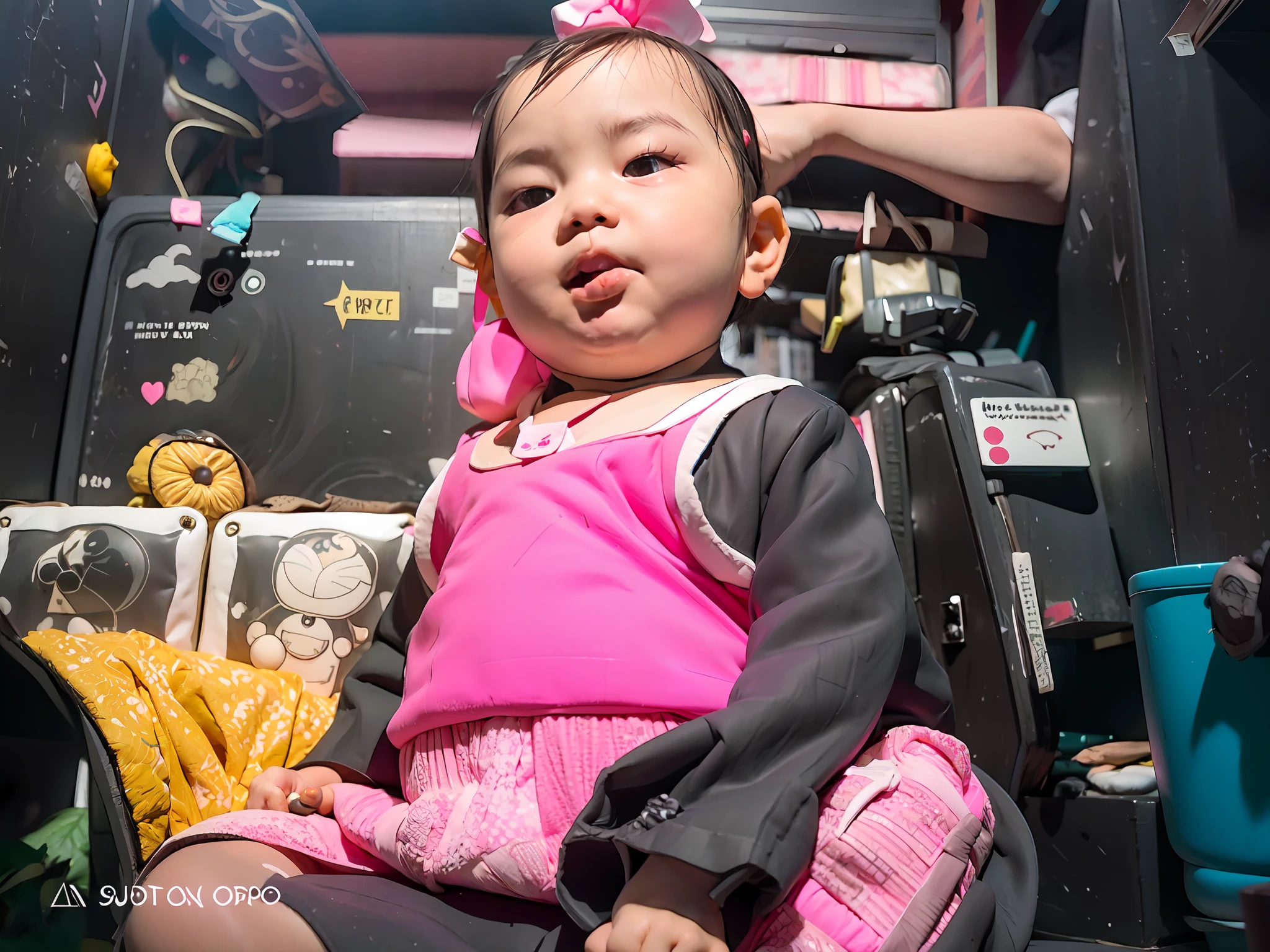 there is a baby sitting on the floor with a pink dress, nivanh chanthara, ayan nag, thawan duchanee, 2 years old, young child, potrait, nuttavut baiphowongse, foto, screensaver, babies in her lap, shot on nikon z9, very very low quality picture, full protrait