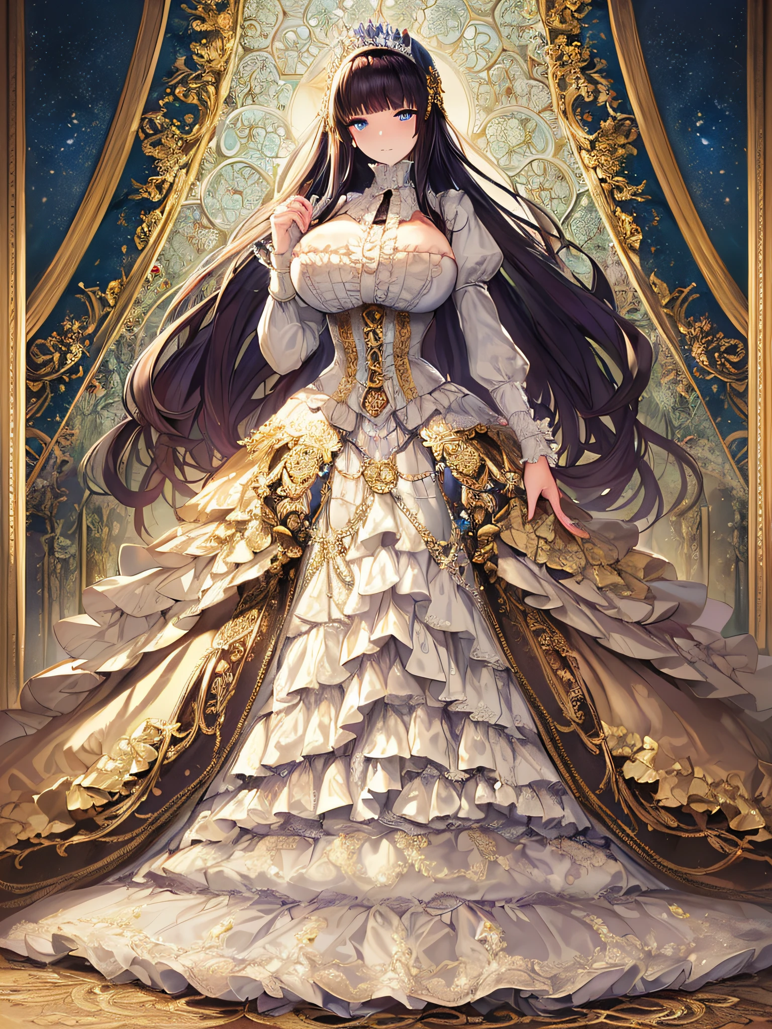 ((anime artstyle)),(Masterpiece),(Best Quality), (Super Detail),((Very Delicate and Beautiful)),((Solo)),((full body)),((1 victorian princess in gorgeousfull victorian dress with voluminous skirt)),many ruffles,detailed face and eyes,jewel-like eyes,((voluminous Very Long Straight Hair)),((gorgeousfull embroidery and lace)),gorgeous corsage,See-through,gorgeousfull hair ornament,gorgeousfull glitter jeweled tiara,ornate ruffles,((gigantic breasts,Long breasts)),skindentation,((full body)),((hoop skirt,crinoline)),standing pose,Dynamic Angle,Looking at viewer,royal palace,(((gorgeous embroidery gorgeousfull victorian dress with voluminous skirt)),full body