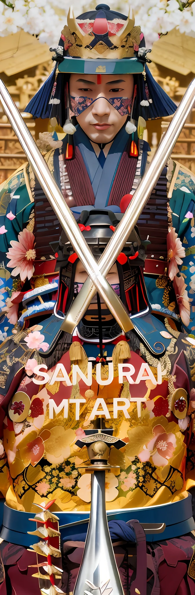There is a large statue of a man holding two swords,Dressed in samurai costumes and armor,Small cherry blossoms fall around。