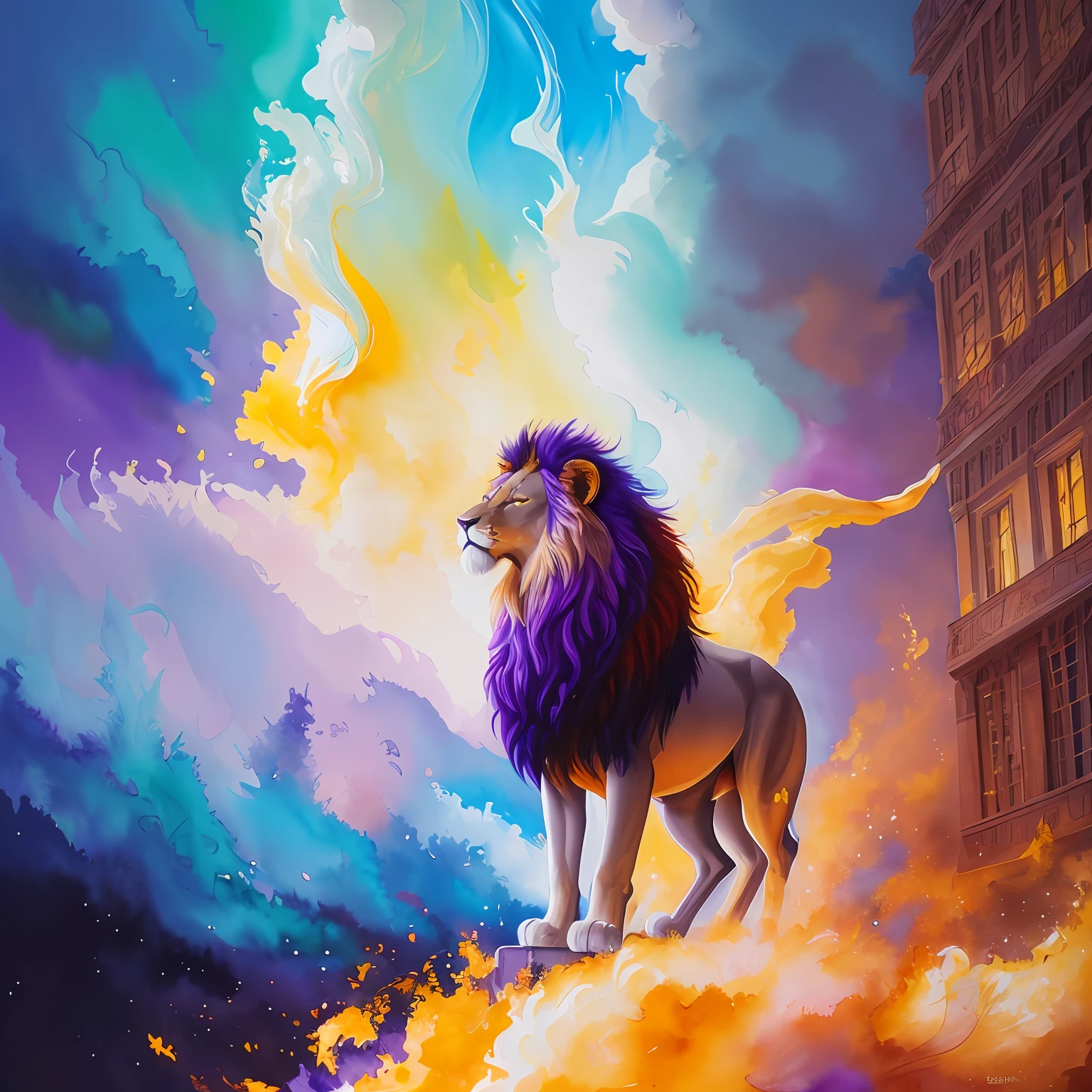 extremely stressed anime lion, drinking coffee in a building on fire in the background, masterful playing card border, random Colorful art, oil painting, blue yellow colors, light purple and violet additions, light red additions, intricate detail, splash screen, 8k resolution, masterpiece, artstation digital painting smooth veryBlack ink flow: 8k resolution photorealistic masterpiece: intricately detailed fluid gouache painting: by Jean Baptiste Mongue: calligraphy: acrylic: watercolor art, professional photography, natural lighting, volumetric lighting maximalist photoillustration: by marton bobzert:, complex, elegant, expansive, fantastical,  vibrant
