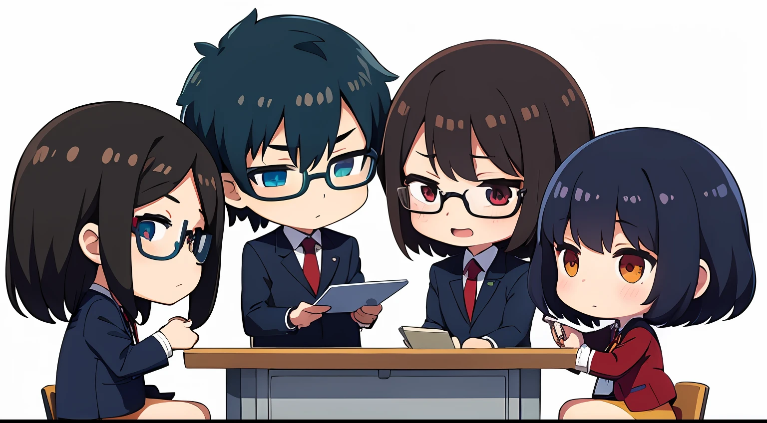 chibi, (best quality, masterpiece), 2 boys and 2 girls, simple_white_background, at a school, black_hair, glasses, (half body), sitting, desk, uniform