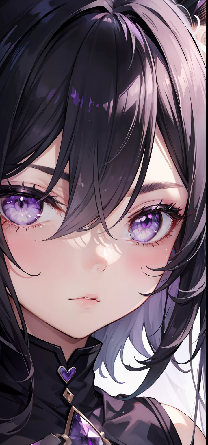 woman, eyebrow, eyes light lilac, eyelid, pupil, sclera, iris, ear, nose, mouth, eye detail, all ultra detailed, black hair