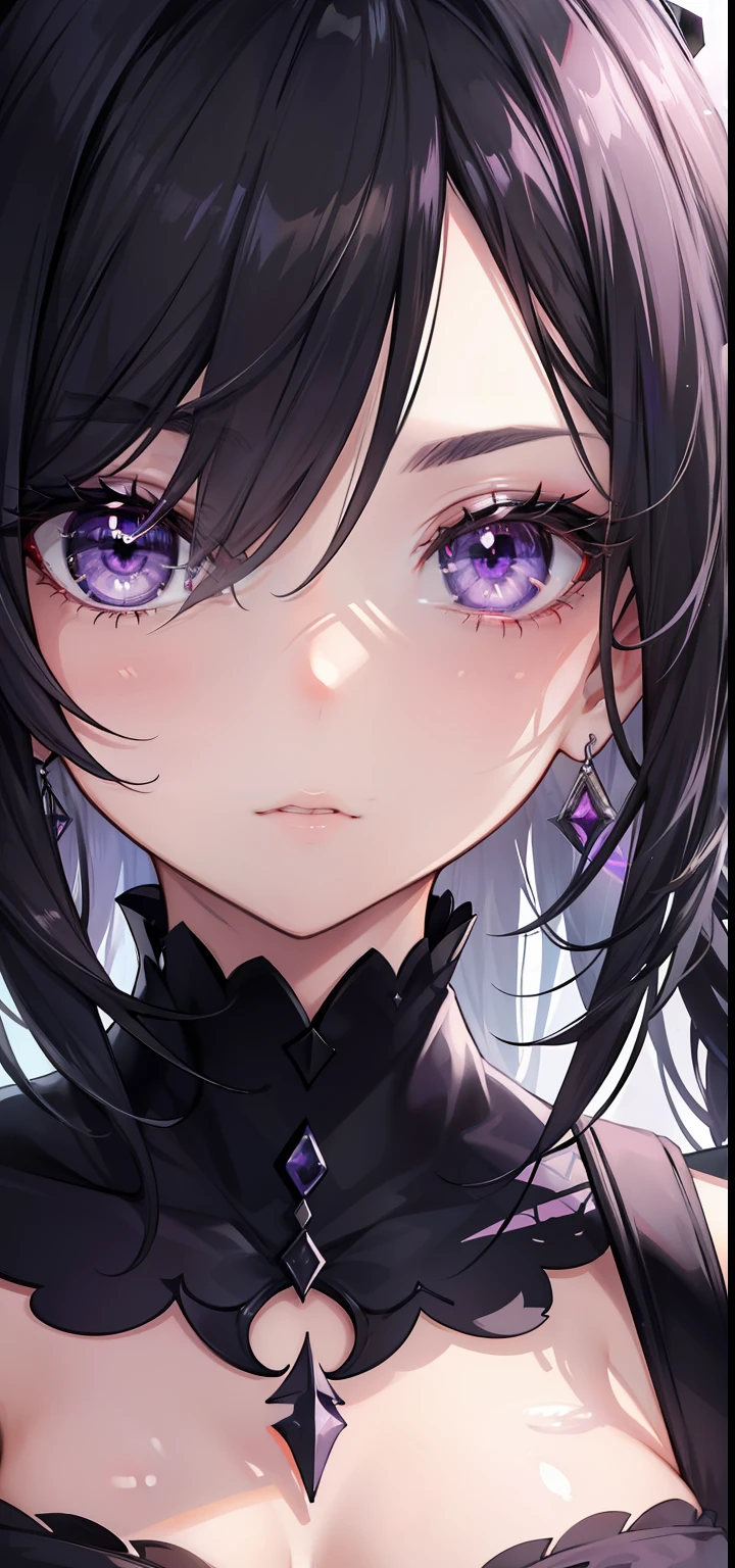 woman, eyebrow, eyes light lilac, eyelid, pupil, sclera, iris, ear, nose, mouth, eye detail, all ultra detailed, black hair