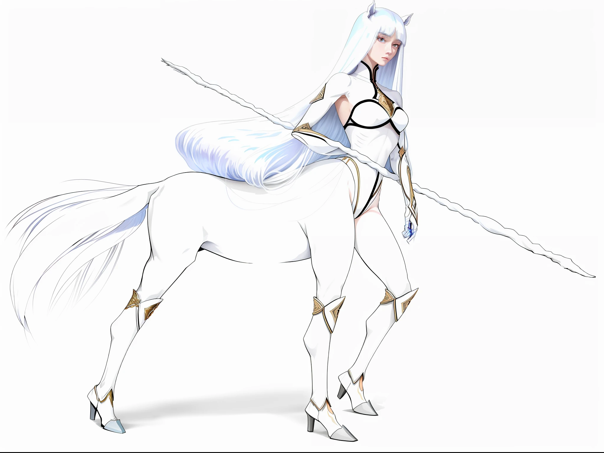 Her upper body is human,Her lower body is the same as that of a horse,She has a human face and arms,Her four legs are as slender as human models,Her skin was as white as snow,It reveals a mysterious light。Her long hair was silky and silky,Her eyes are like blue gems。