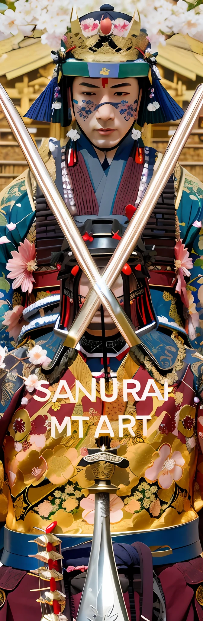 There is a large statue of a man holding two swords,Dressed in samurai costumes and armor,Small cherry blossoms fall around。