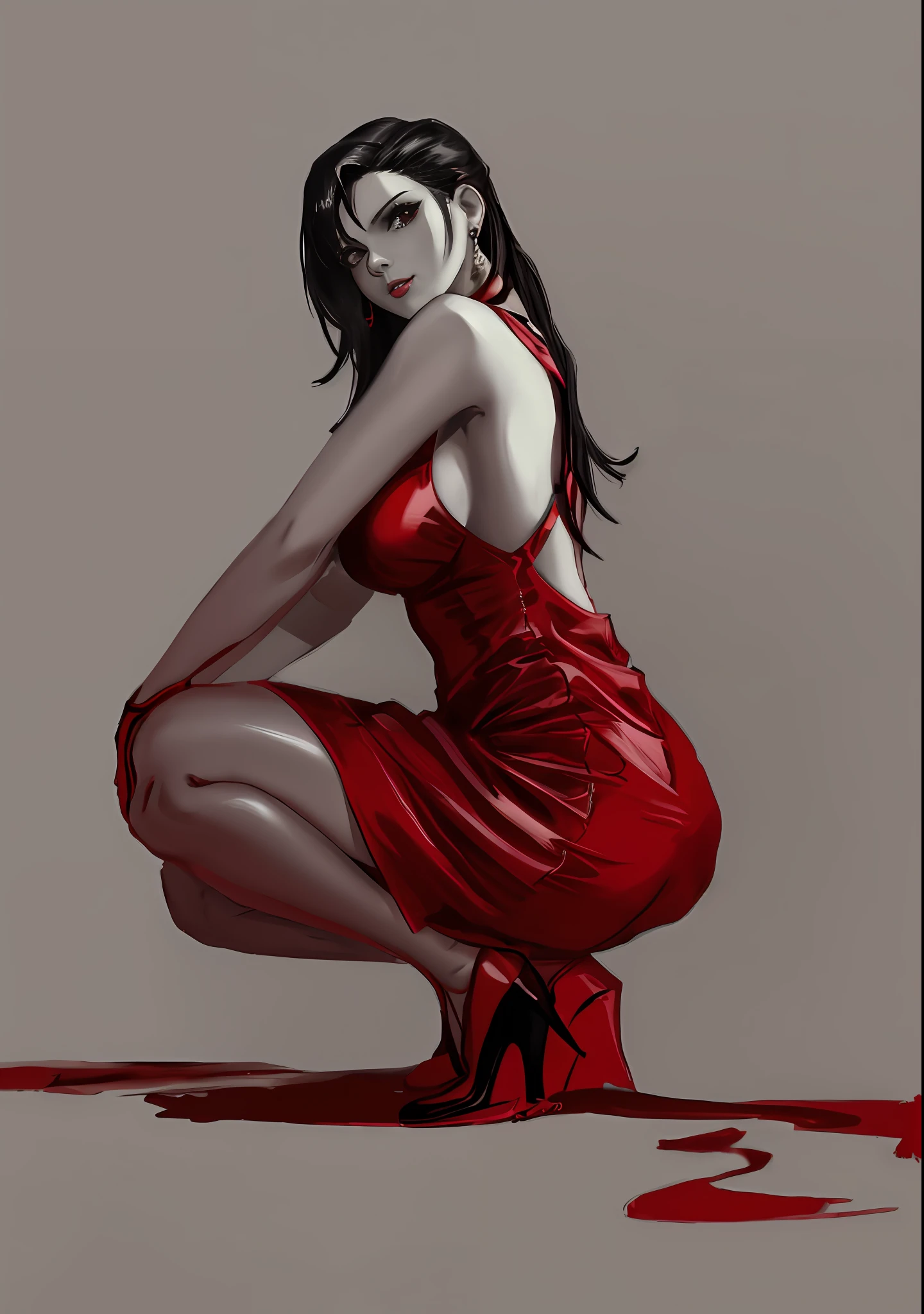 A painting of a woman in a red dress kneeling, grayscale phtoto with red dress, beautiful anime girl crouching, girl wears a red dress, low res, Fully clothed. painting of sexy, beautiful and seductive anime woman, Red and black color, sultry digital painting, girl pinup, Wearing a red dress, ff Tifa, in a red dress