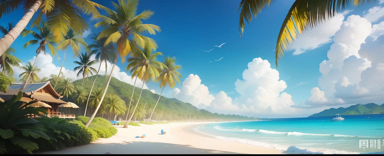 blue-sky,baiyun,Yellow sandy beach,Coconut Tree,Holiday,Scenic beauty,Left and right composition,high saturated,blue colors