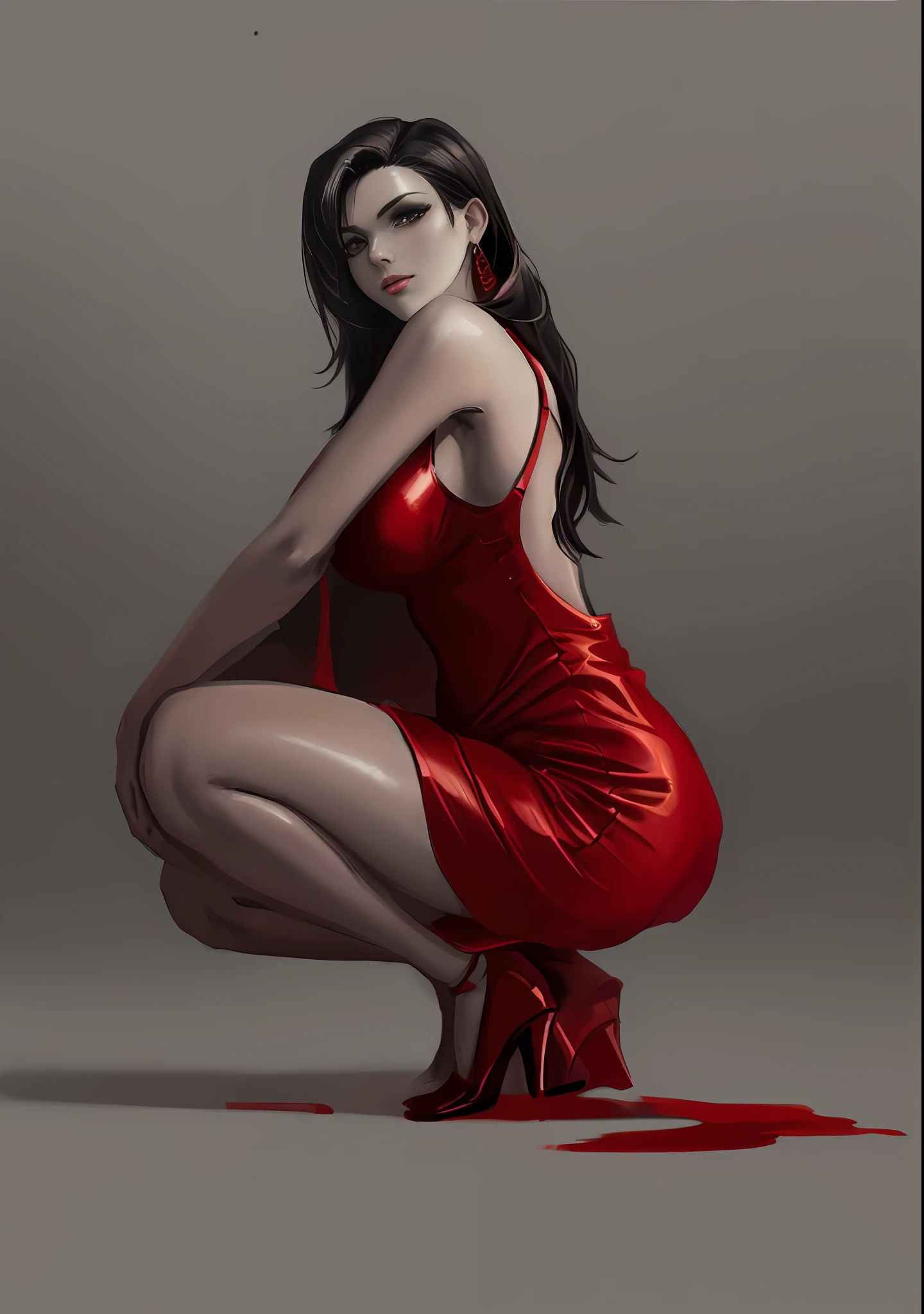 A painting of a woman in a red dress kneeling, grayscale phtoto with red dress, beautiful anime girl crouching, girl wears a red dress, low res, Fully clothed. painting of y, beautiful and seductive anime woman, Red and black color, sultry digital painting, girl pinup, Wearing a red dress, ff Tifa, in a red dress