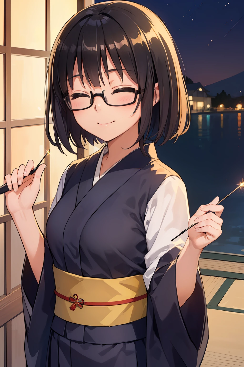 (1 、A dark-haired、short-hair、straight haired、hair adornments、eye closed、A smile、wearing black glasses、small tits、cute face)、masterpiece、top-quality、Japanese Yukata、geta、sky at night、sparklers
